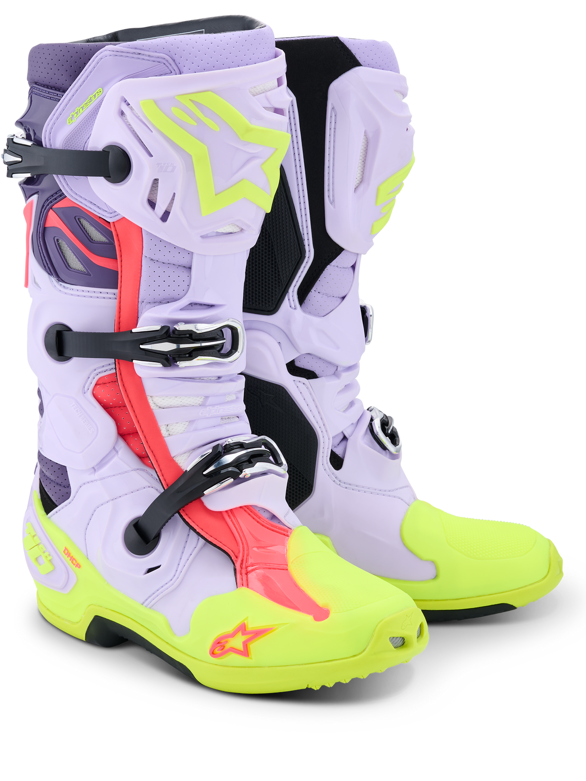Alpinestars Tech 10 Supervented støvler, motocross-støvler, lilla, neongul og Diva Pink, med perforeret mikrofiberkonstruktion for maksimal luftstrøm, mekanisk spændesystem, lys neongul tå og sål samt vibrerende pink detaljer