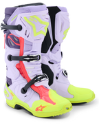 Alpinestars Tech 10 Supervented støvler, motocross-støvler, lilla, neongul og Diva Pink, med perforeret mikrofiberkonstruktion for maksimal luftstrøm, mekanisk spændesystem, lys neongul tå og sål samt vibrerende pink detaljer
