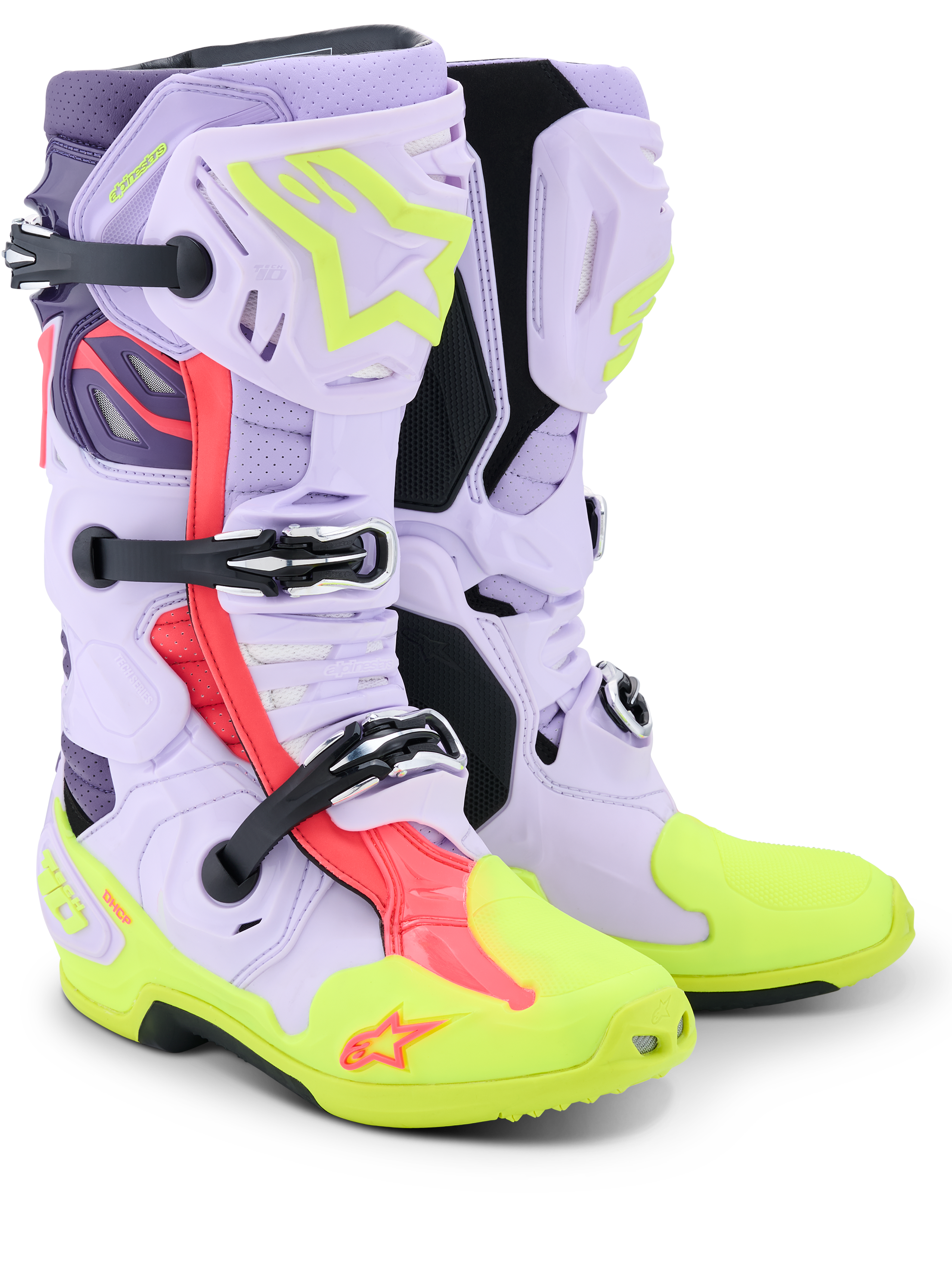 Alpinestars Tech 10 Supervented støvler, motocross-støvler, lilla, neongul og Diva Pink, med perforeret mikrofiberkonstruktion for maksimal luftstrøm, mekanisk spændesystem, lys neongul tå og sål samt vibrerende pink detaljer