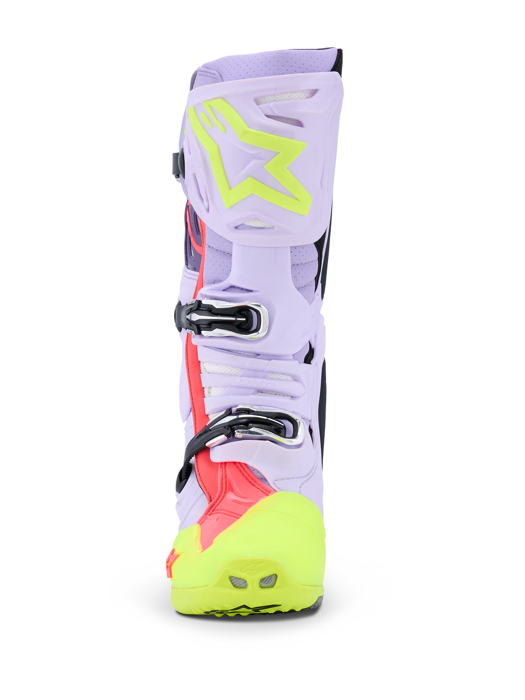 Alpinestars Tech 10 Supervented støvler, motocross støvler, lilla, gul fluo og Diva Pink, set forfra med fokus på spændesystemet og den ventilerede skinnebensplade, professionelt terrænfodtøj med overdel i perforeret mikrofiber