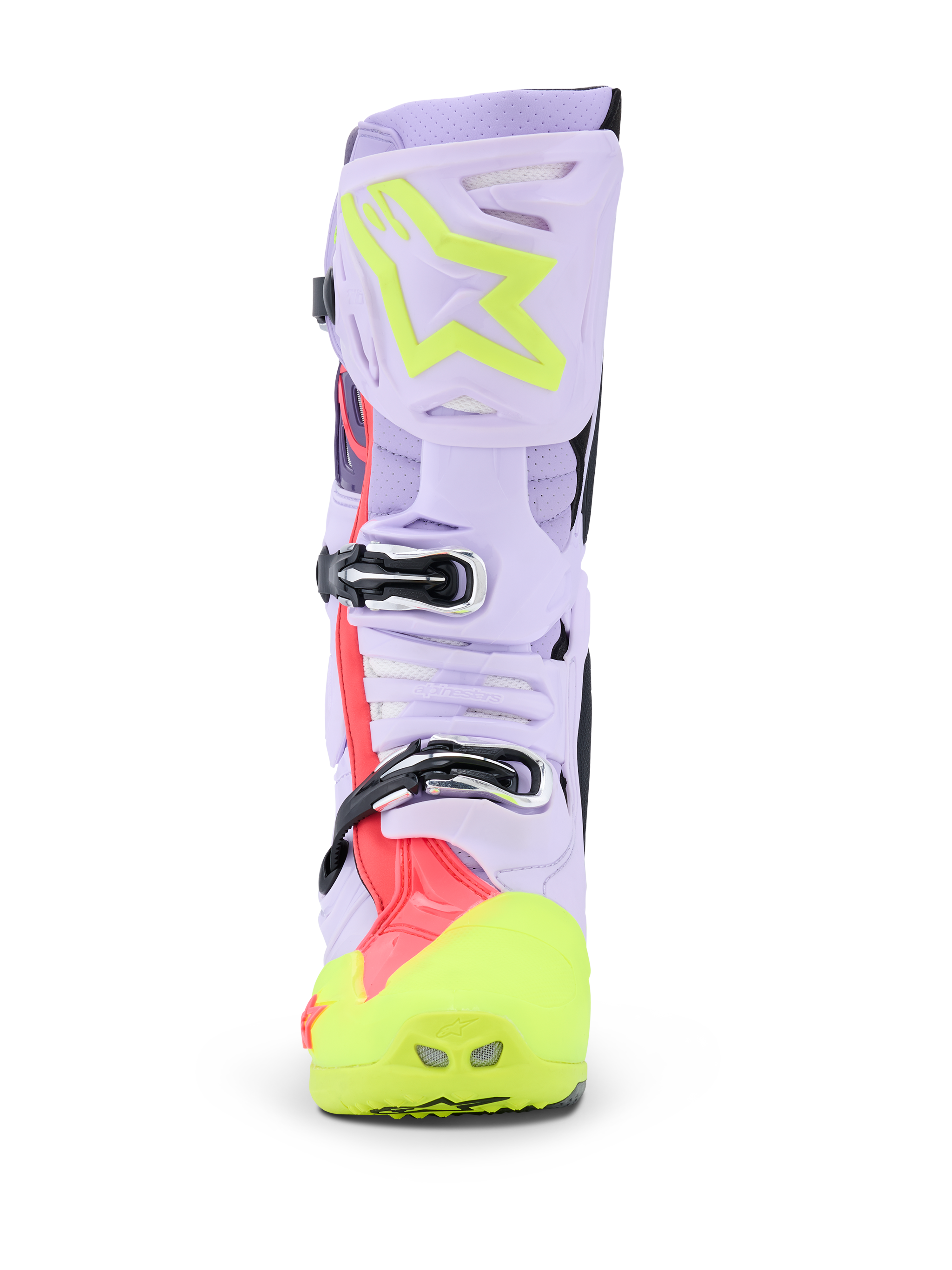Alpinestars Tech 10 Supervented støvler, motocross støvler, lilla, gul fluo og Diva Pink, set forfra med fokus på spændesystemet og den ventilerede skinnebensplade, professionelt terrænfodtøj med overdel i perforeret mikrofiber