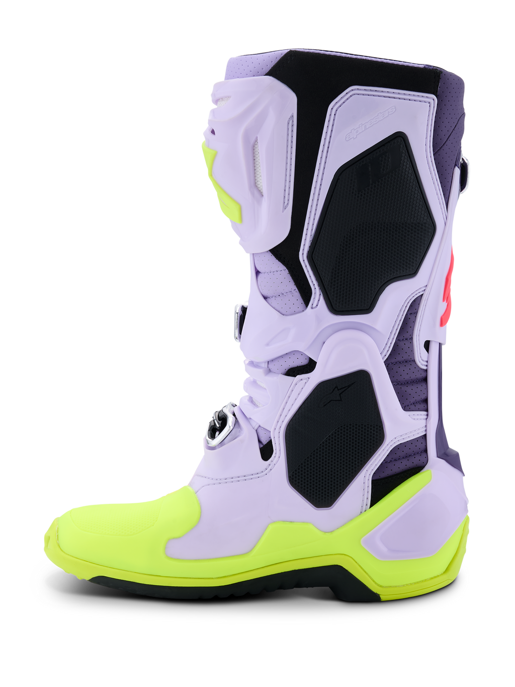 Alpinestars Tech 10 Supervented støvler, motocross-støvler, lilla, neongul og Diva Pink, sideprofil med perforeret lyselilla mikrofiber-overdel, sorte TPU-beskyttelsespaneler og neongul sål, højtydende ventileret fodtøj til off-road racing