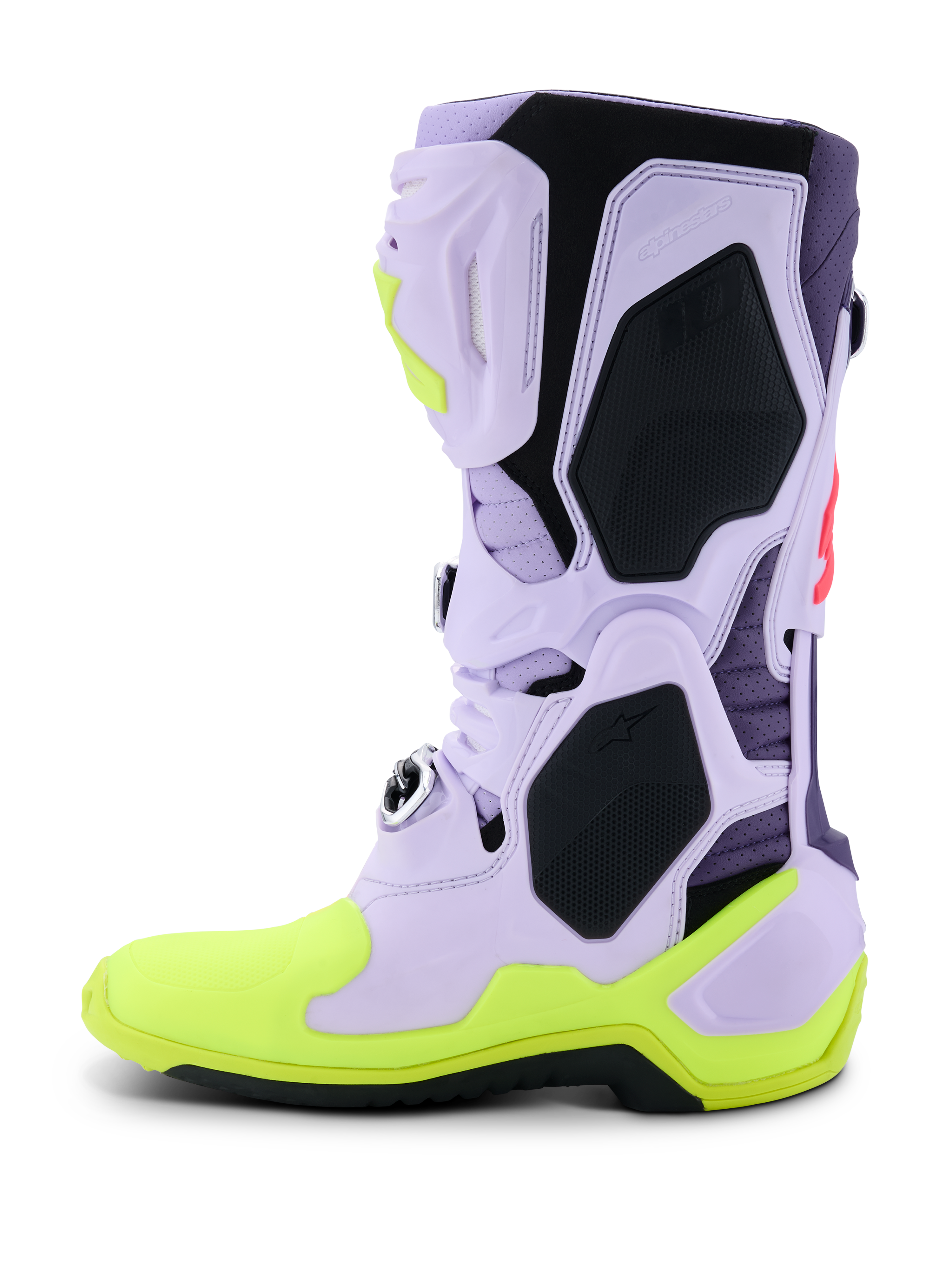 Alpinestars Tech 10 Supervented støvler, motocross-støvler, lilla, neongul og Diva Pink, sideprofil med perforeret lyselilla mikrofiber-overdel, sorte TPU-beskyttelsespaneler og neongul sål, højtydende ventileret fodtøj til off-road racing