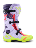 Alpinestars Tech 10 Supervented støvler, motocross racingstøvler, lilla, neongul og Diva Pink, sideprofil med justerbare sorte spænder, ventilerede mikrofiberpaneler, forstærket neongul sål og højtydende beskyttelsesskal