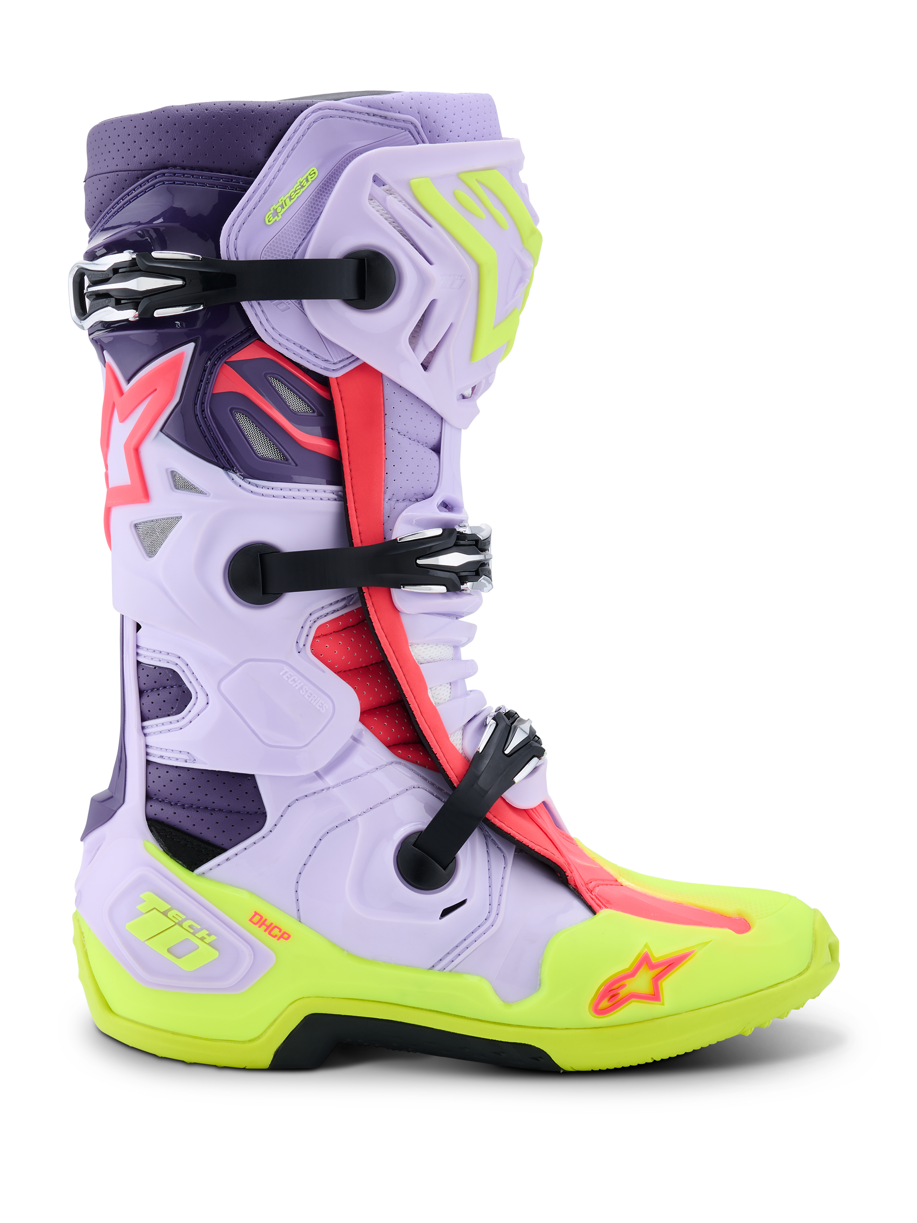 Alpinestars Tech 10 Supervented støvler, motocross racingstøvler, lilla, neongul og Diva Pink, sideprofil med justerbare sorte spænder, ventilerede mikrofiberpaneler, forstærket neongul sål og højtydende beskyttelsesskal