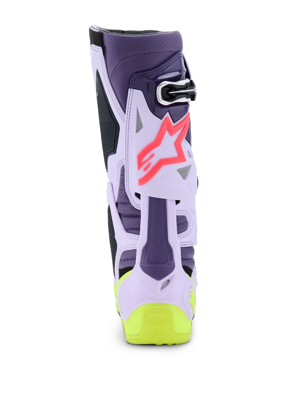 Alpinestars Tech 10 Supervented-støvler, set bagfra, lilla, fluoriserende gul og Diva Pink farvekombination, med ventileret TPU-struktur, pink stjernelogo og klar gul hældetalje, professionelt motocross-fodtøj