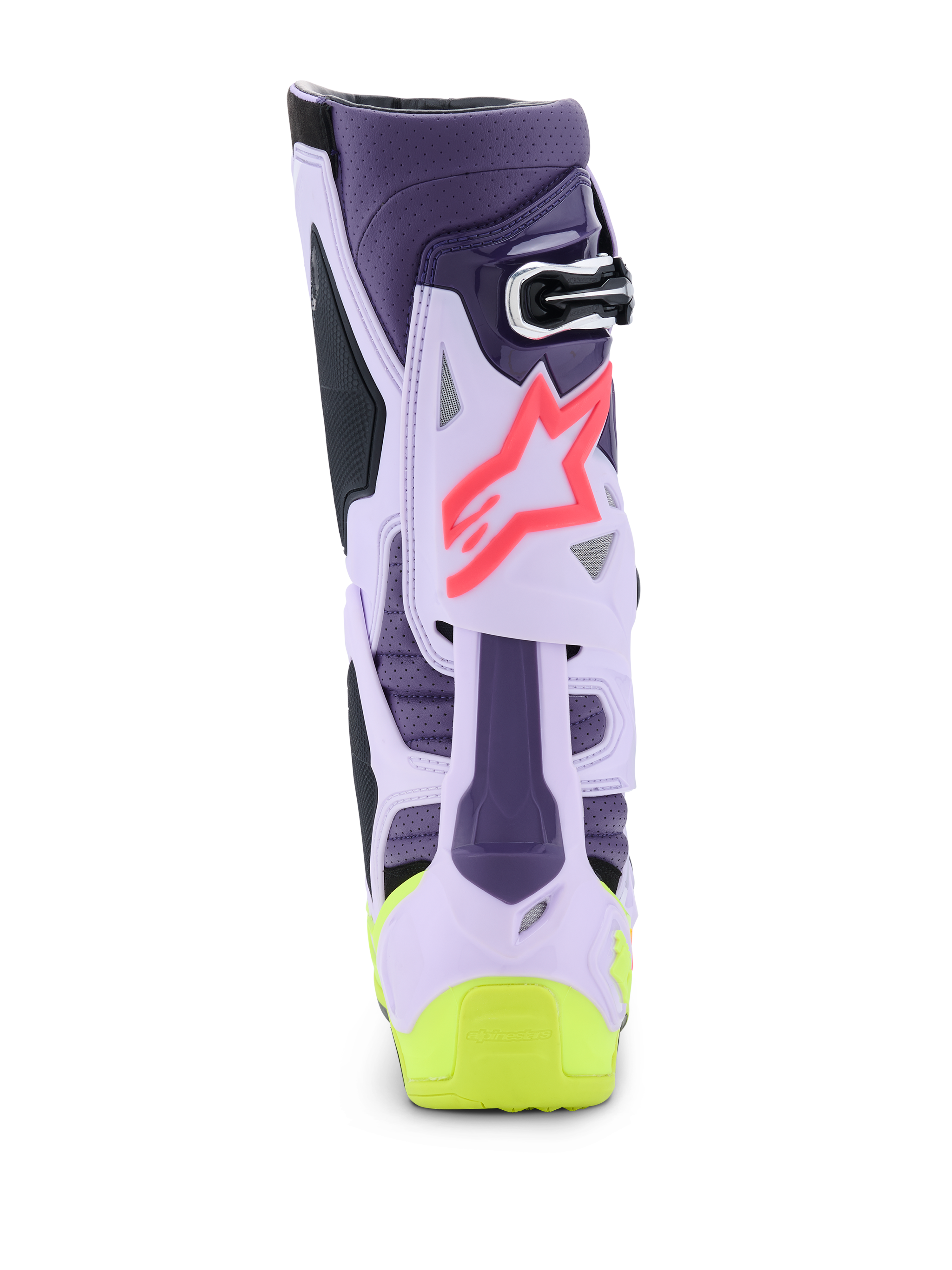 Alpinestars Tech 10 Supervented-støvler, set bagfra, lilla, fluoriserende gul og Diva Pink farvekombination, med ventileret TPU-struktur, pink stjernelogo og klar gul hældetalje, professionelt motocross-fodtøj