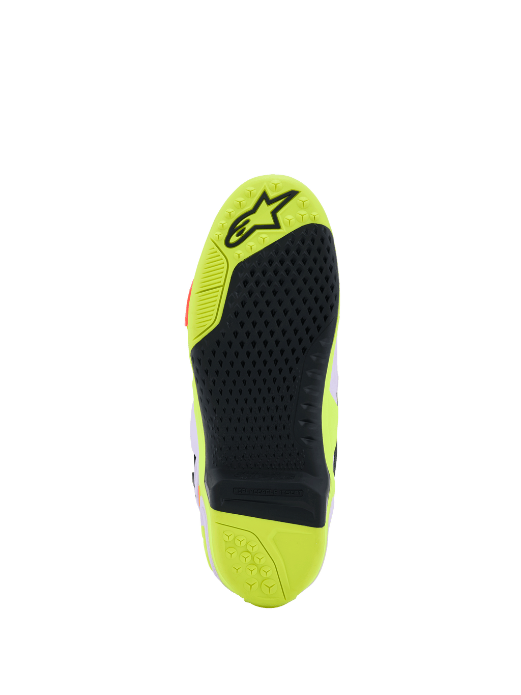 Alpinestars Tech 10 Supervented støvler, detaljeret visning af sålen, Gul Fluo og sort, bikagemønstret greb, udskiftelig midterindsats, tekstureret overflade for trækkraft på fodhvilerne