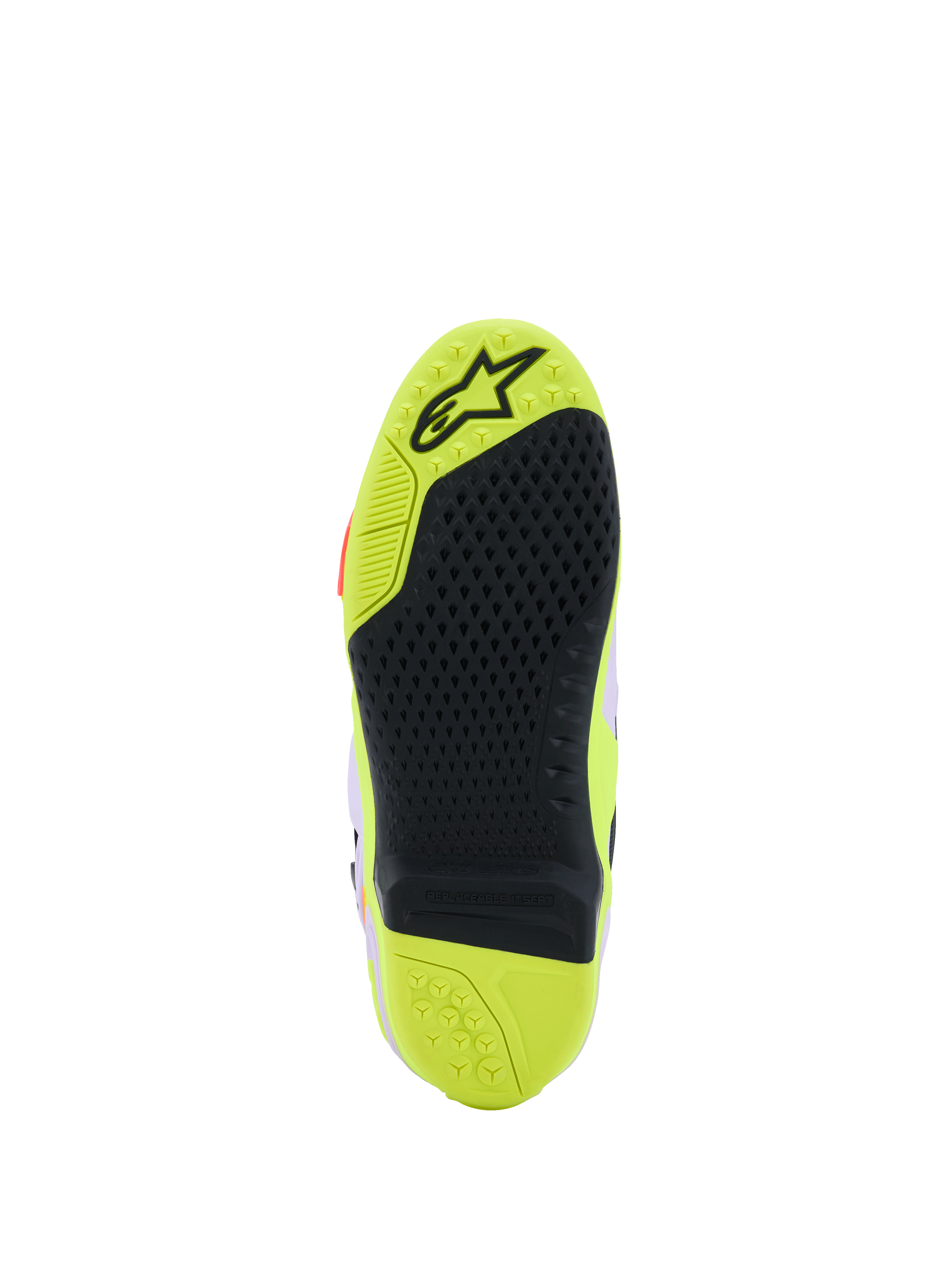 Alpinestars Tech 10 Supervented støvler, detaljeret visning af sålen, Gul Fluo og sort, bikagemønstret greb, udskiftelig midterindsats, tekstureret overflade for trækkraft på fodhvilerne