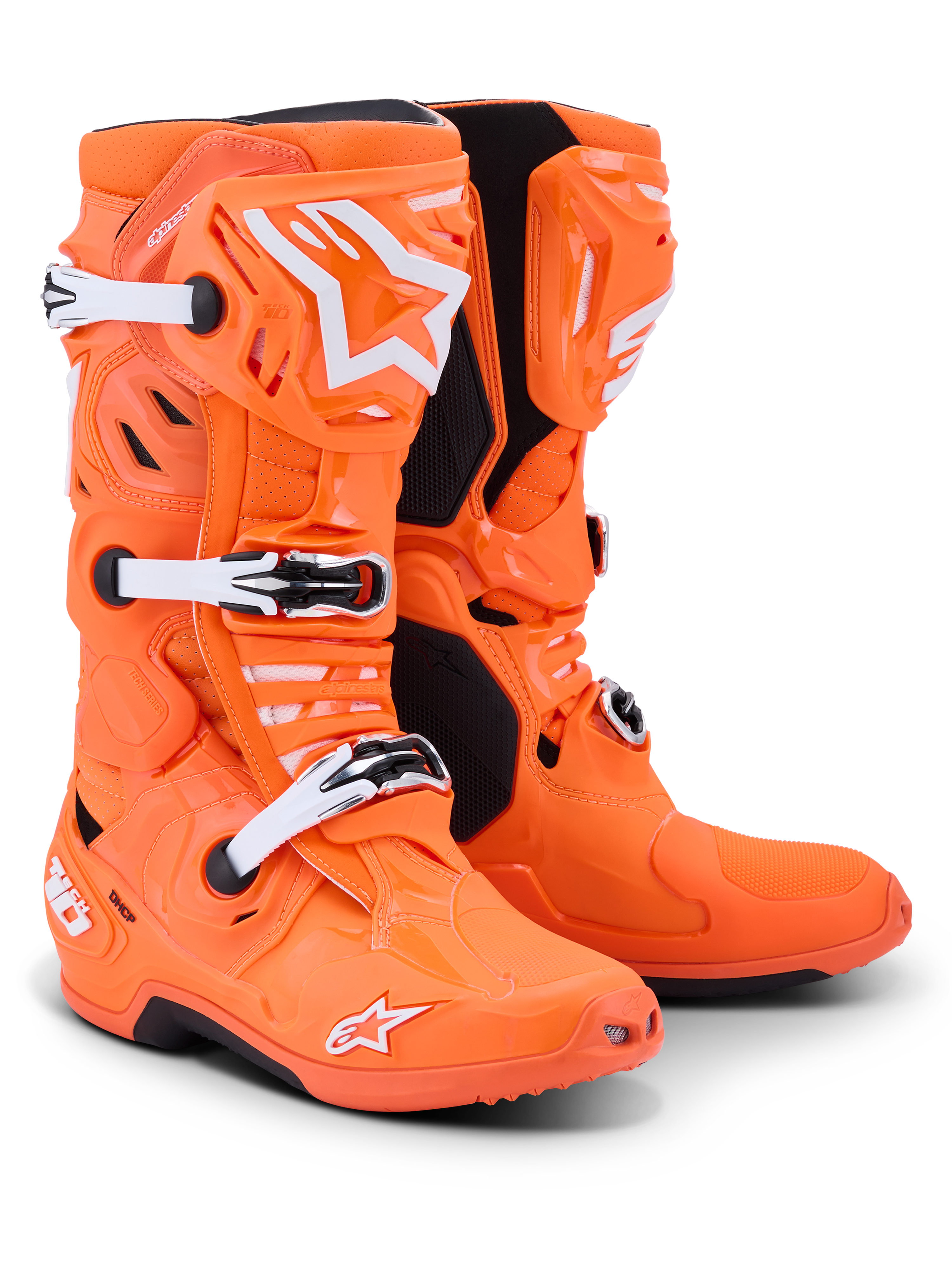 Alpinestars Tech 10 Supervented støvler, motocross-støvler, neonorange med hvide og sorte detaljer, med hvide justerbare spænder, ventileret TPU-skinnebensplade og markant Alpinestars-logo, højtydende fodtøj til off-road racing