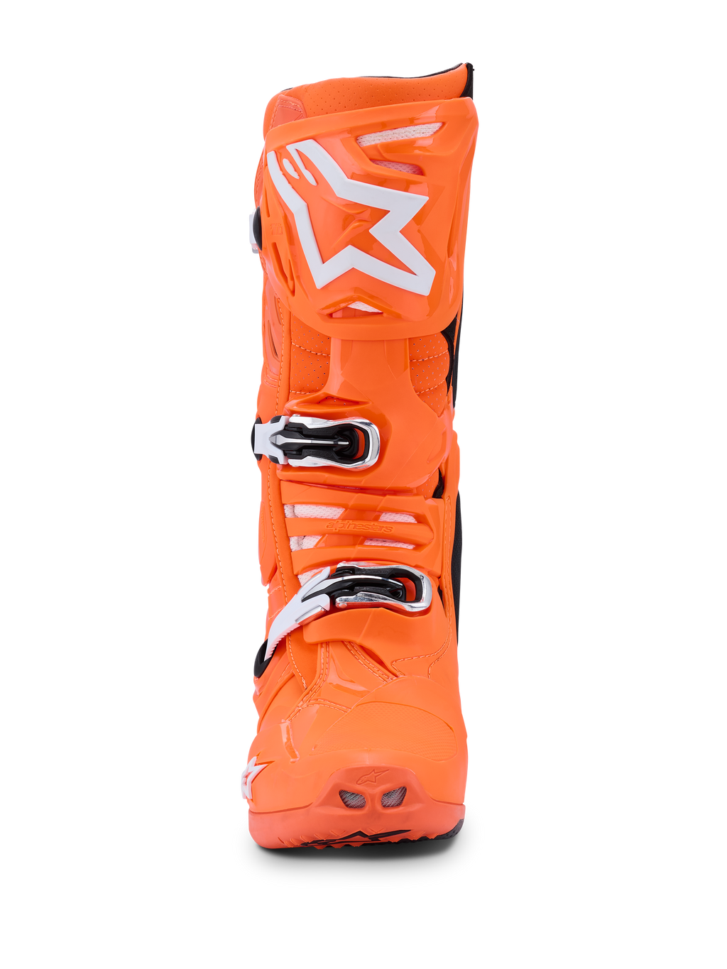 Alpinestars Tech 10 Supervented støvler, Orange Fluo Black White, set forfra af en enkelt klar neonorange motocrossstøvle, hvidt Alpinestars stjernelogo på skinnepladen, mekaniske spænder og perforerede ventilationsporte til off-road præstationer