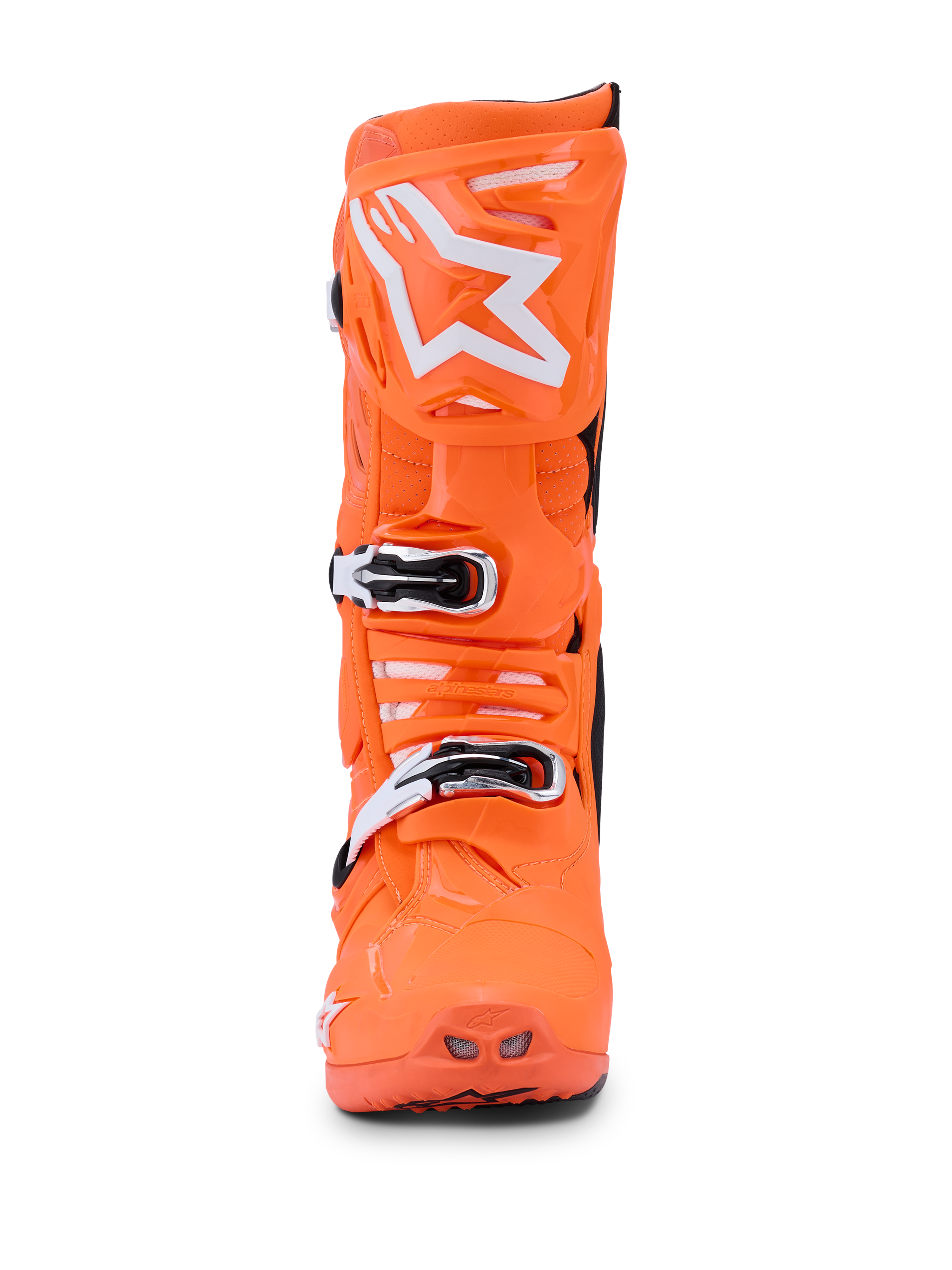 Alpinestars Tech 10 Supervented støvler, Orange Fluo Black White, set forfra af en enkelt klar neonorange motocrossstøvle, hvidt Alpinestars stjernelogo på skinnepladen, mekaniske spænder og perforerede ventilationsporte til off-road præstationer