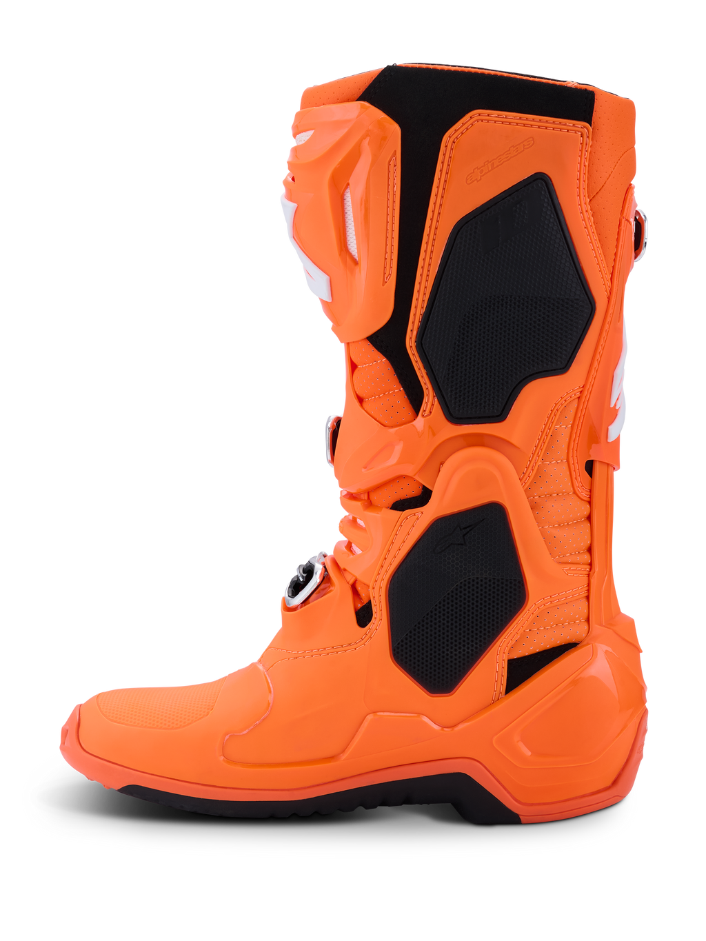 Alpinestars Tech 10 Supervented støvler, motocross-støvler, fluorescerende orange og sort, profilvisning fra siden, med ventileret TPU-skal, mesh-paneler for luftgennemstrømning og justerbart spændesystem, højtydende off-road racingudstyr