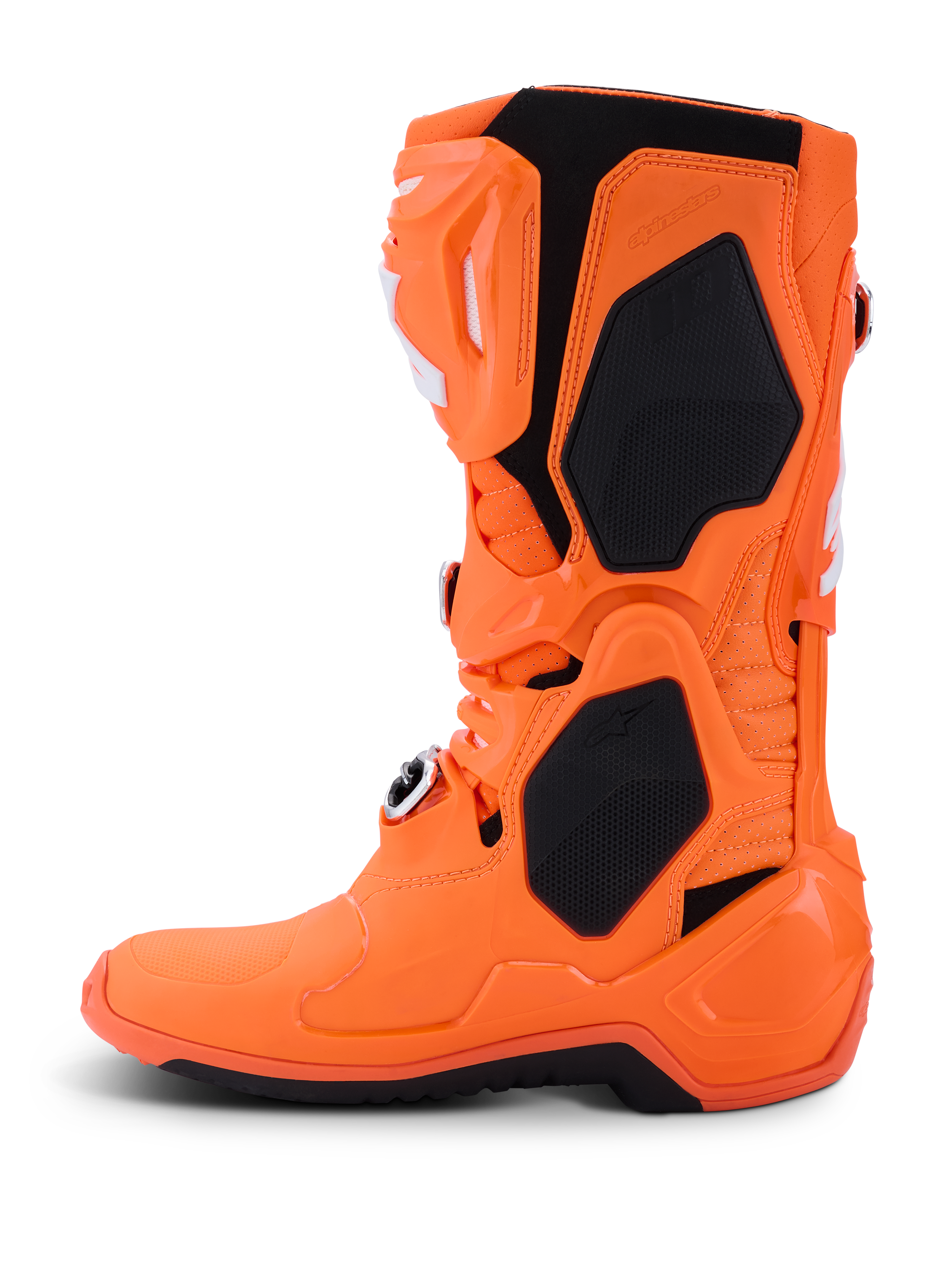 Alpinestars Tech 10 Supervented støvler, motocross-støvler, fluorescerende orange og sort, profilvisning fra siden, med ventileret TPU-skal, mesh-paneler for luftgennemstrømning og justerbart spændesystem, højtydende off-road racingudstyr