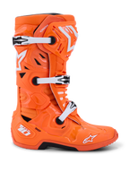 Alpinestars Tech 10 Supervented støvler, motocross-støvler, orange fluo og hvid, profilvisning med hvide mekaniske spænder og sorte detaljer, ventileret design med perforerede paneler, førsteklasses beskyttende racerfodtøj