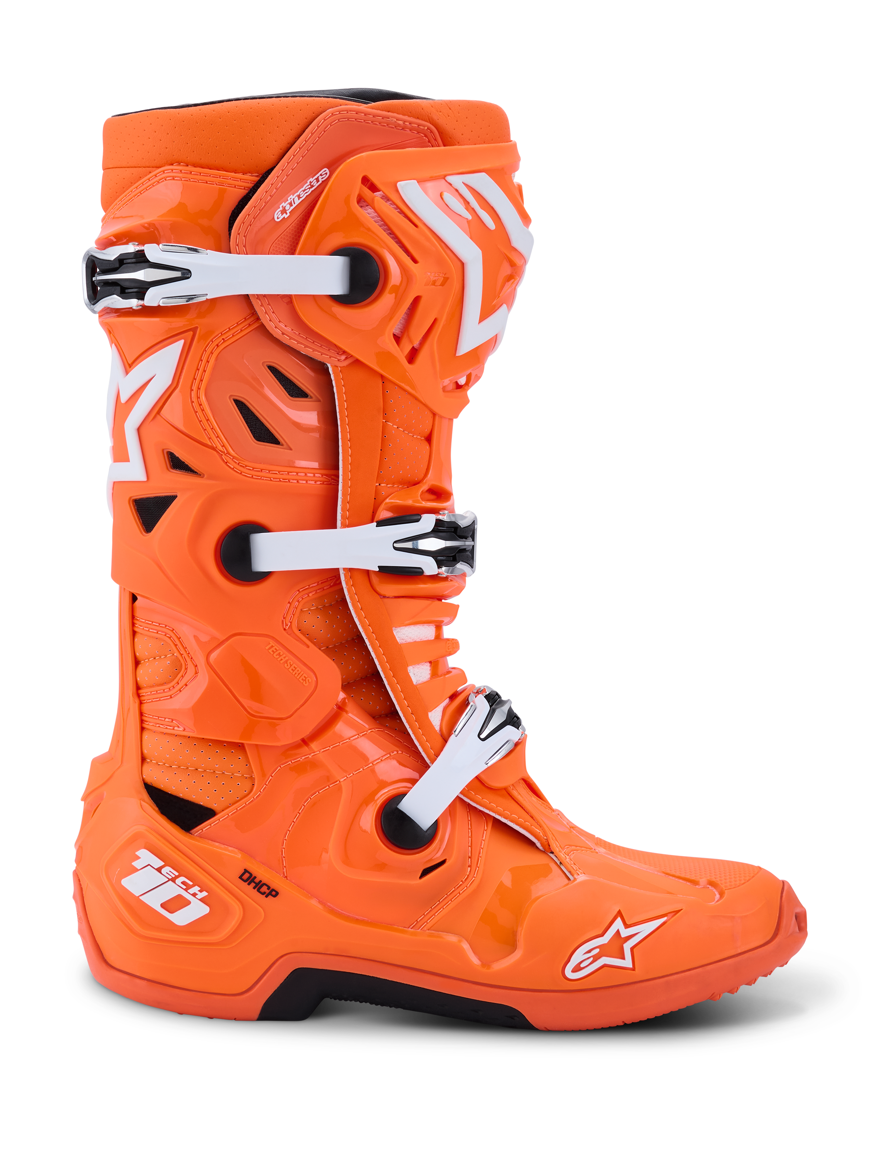 Alpinestars Tech 10 Supervented støvler, motocross-støvler, orange fluo og hvid, profilvisning med hvide mekaniske spænder og sorte detaljer, ventileret design med perforerede paneler, førsteklasses beskyttende racerfodtøj
