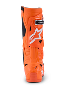 Alpinestars Tech 10 Supervented støvler, Orange Fluo Sort Hvid, set bagfra, der viser bagprofilen, stiv TPU-skal med hvidt Alpinestars-logo, professionelt motocross-fodtøj