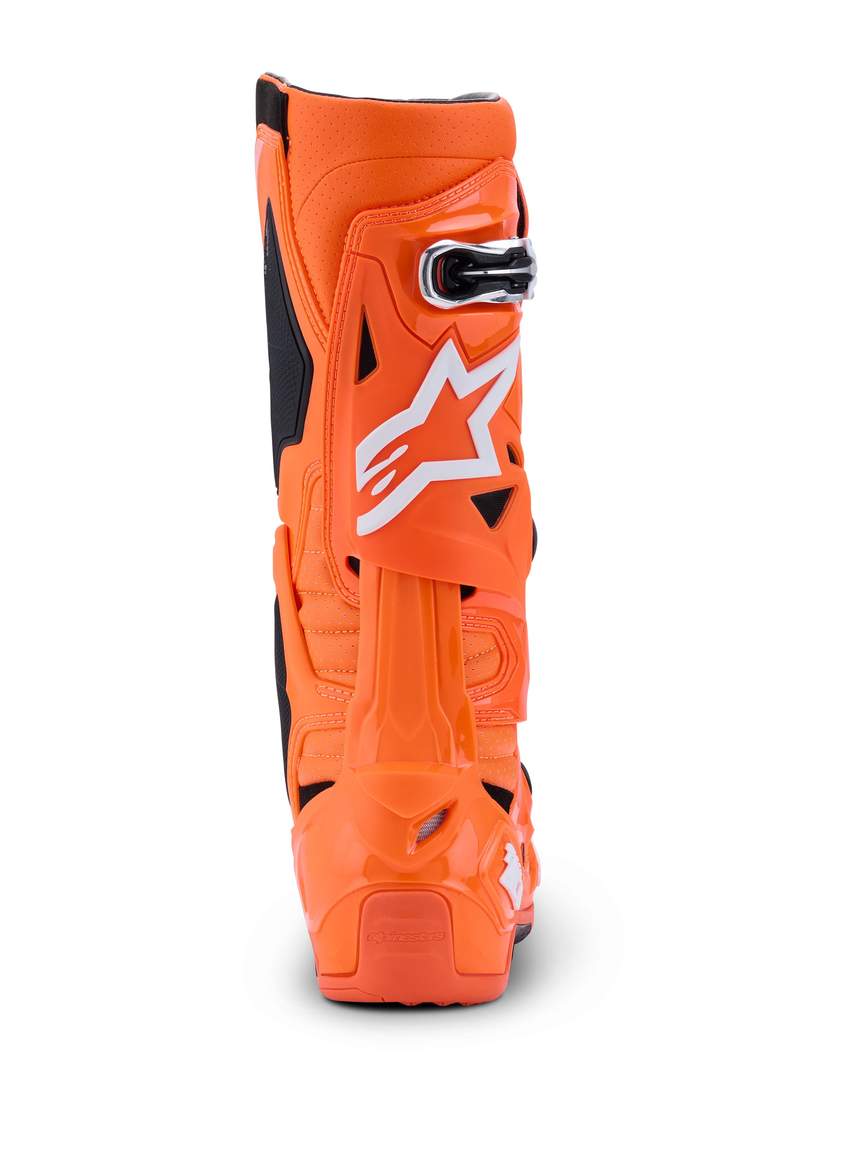 Alpinestars Tech 10 Supervented støvler, Orange Fluo Sort Hvid, set bagfra, der viser bagprofilen, stiv TPU-skal med hvidt Alpinestars-logo, professionelt motocross-fodtøj