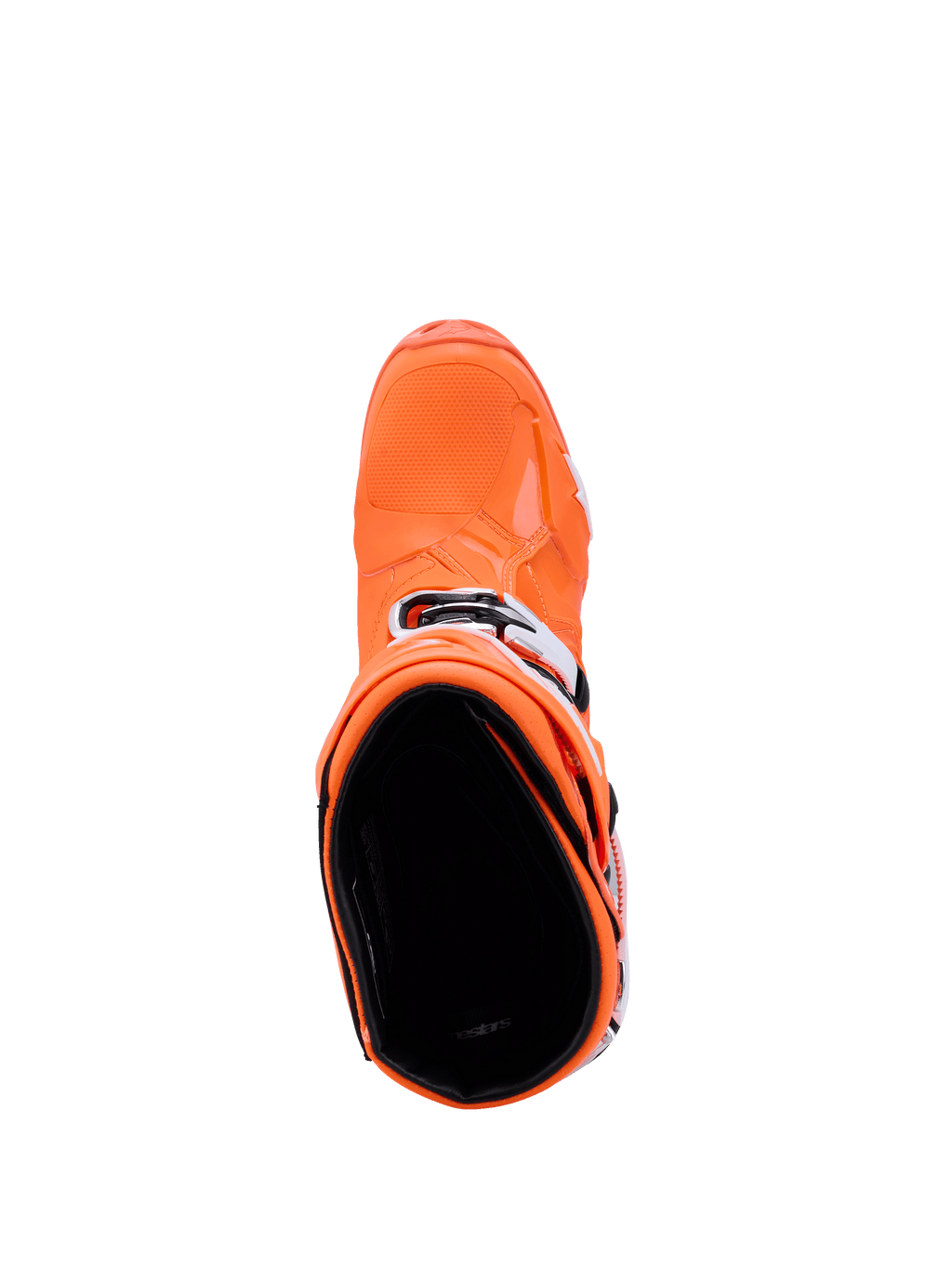 Alpinestars Tech 10 Supervented støvler, Orange Fluo sort hvid, set oppefra kiggende ind i støvlens indre, viser den teksturerede tåboks og sidespænder, avanceret motocross-racerfodtøj