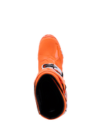 Alpinestars Tech 10 Supervented støvler, Orange Fluo sort hvid, set oppefra kiggende ind i støvlens indre, viser den teksturerede tåboks og sidespænder, avanceret motocross-racerfodtøj