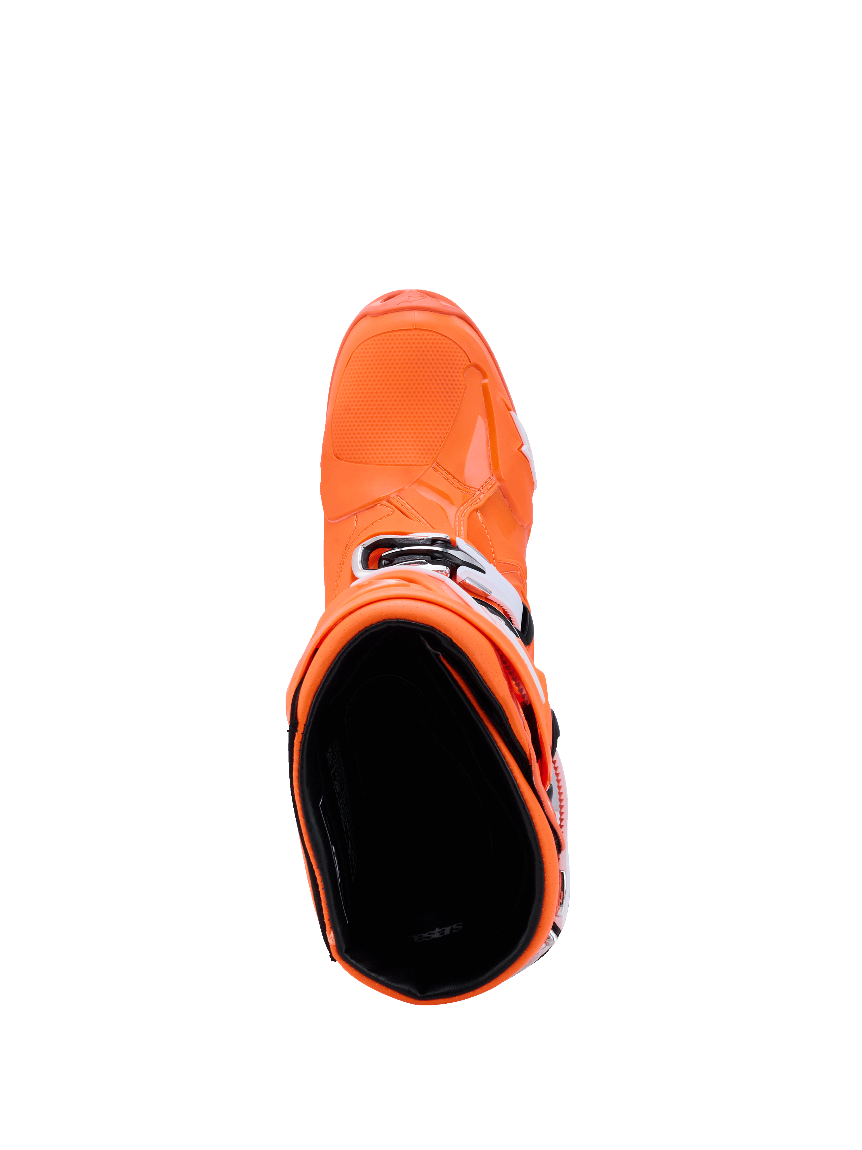 Alpinestars Tech 10 Supervented støvler, Orange Fluo sort hvid, set oppefra kiggende ind i støvlens indre, viser den teksturerede tåboks og sidespænder, avanceret motocross-racerfodtøj