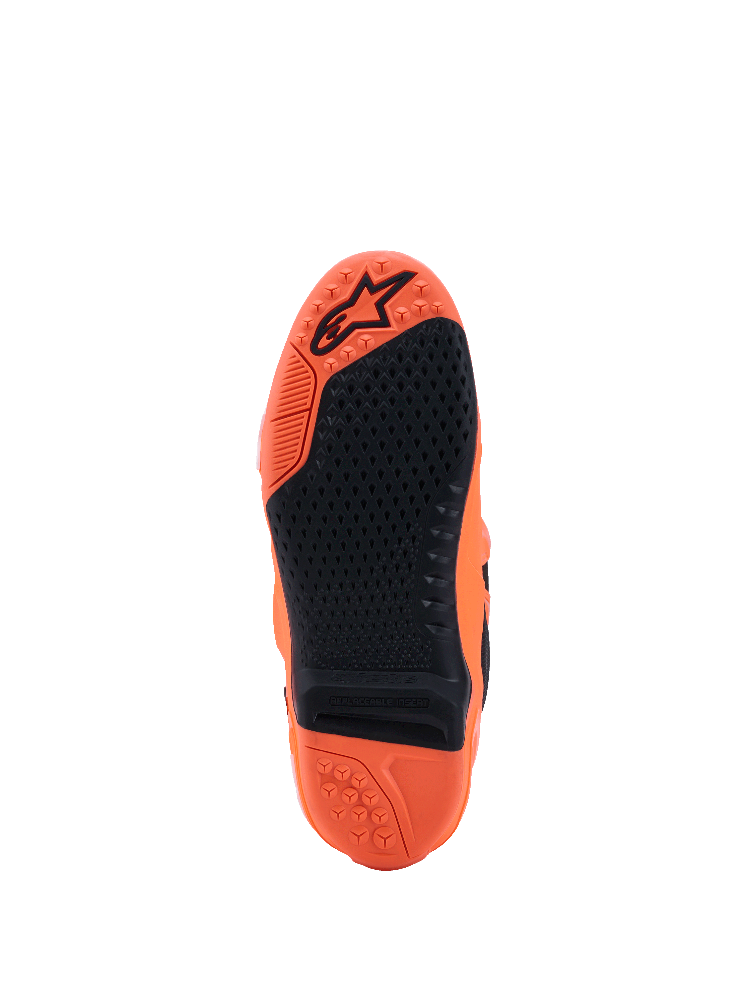 Alpinestars Tech 10 Supervented støvler, Orange Fluo og sort, visning af sålen med et tekstureret sort gummigreb, udskiftelig midterindsats og præget logo på det orange mønster, designet til motocross-performance