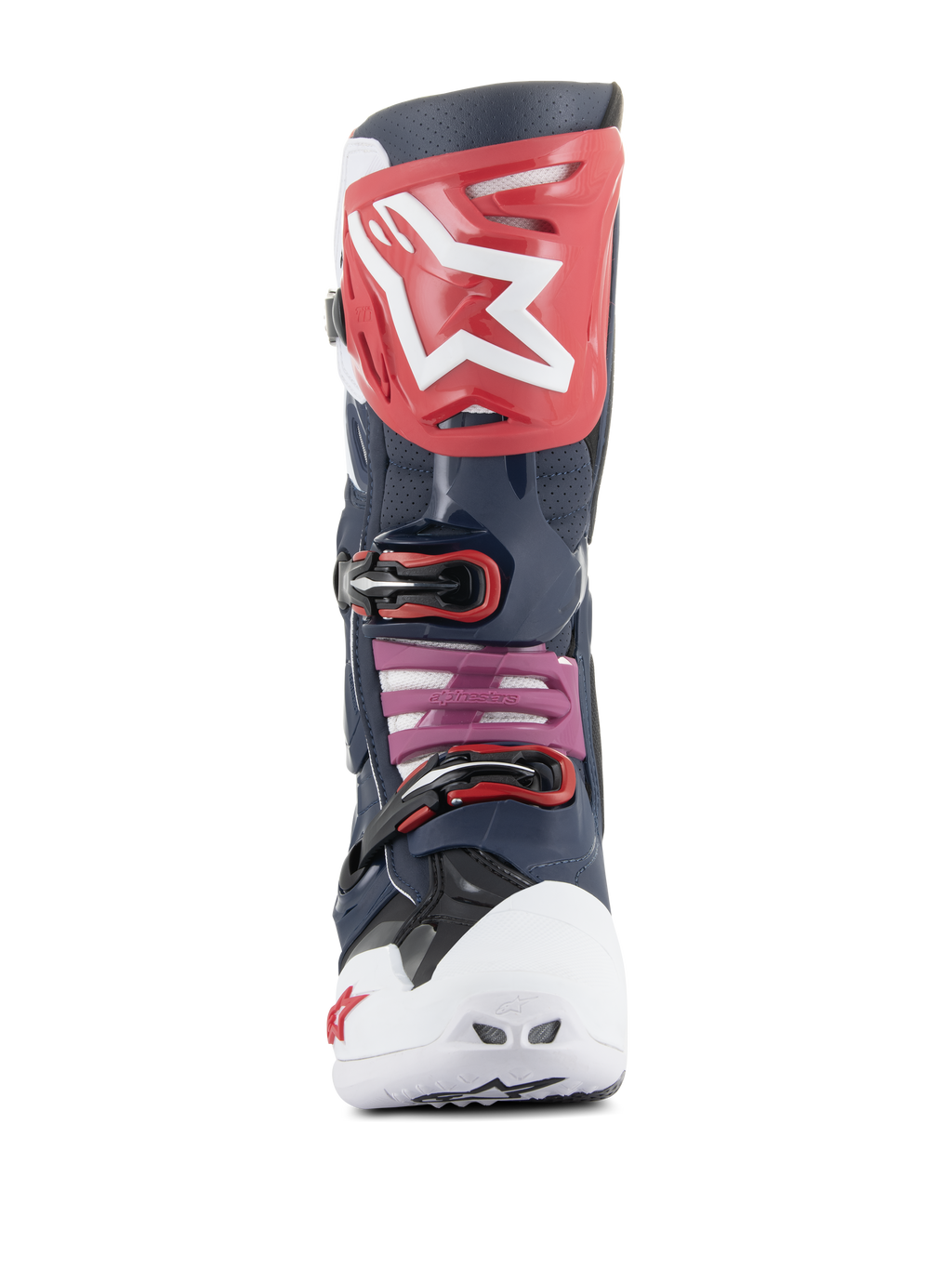 Alpinestars Tech 10 Supervented Boots, Motocross Boots, Night Navy White Rainbow, front view featuring a red shin plate with white logo, white ventilated toe box, and navy perforated microfiber construction for maximum ventilation.