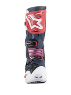 Alpinestars Tech 10 Supervented Boots, Motocross Boots, Night Navy White Rainbow, front view featuring a red shin plate with white logo, white ventilated toe box, and navy perforated microfiber construction for maximum ventilation.