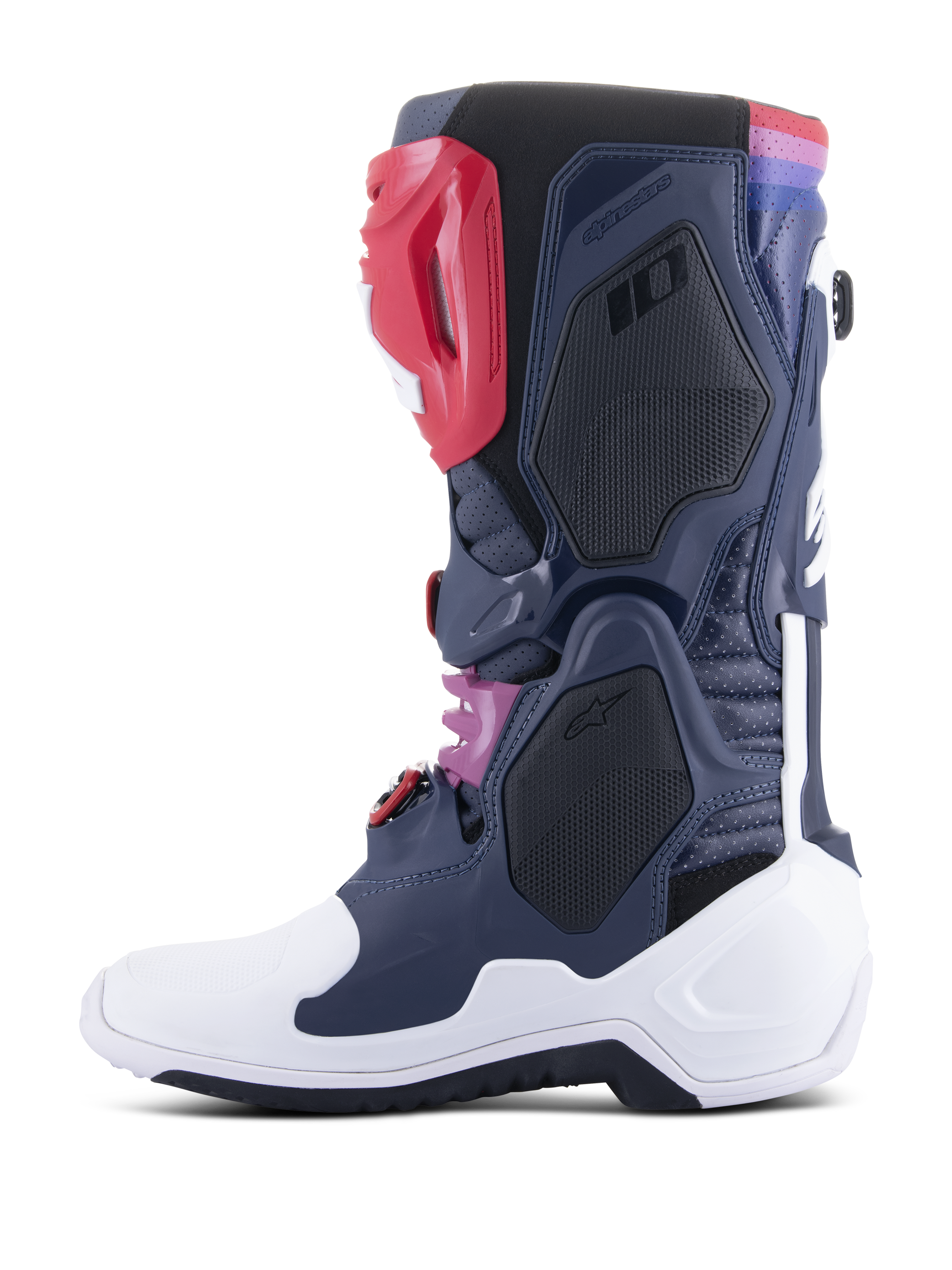 Alpinestars Tech 10 Supervented Boots, Motocross Boots, Night Navy White Rainbow, side profile view showing ventilated mesh panels, white protective shell, and colorful accents, high-performance off-road footwear.