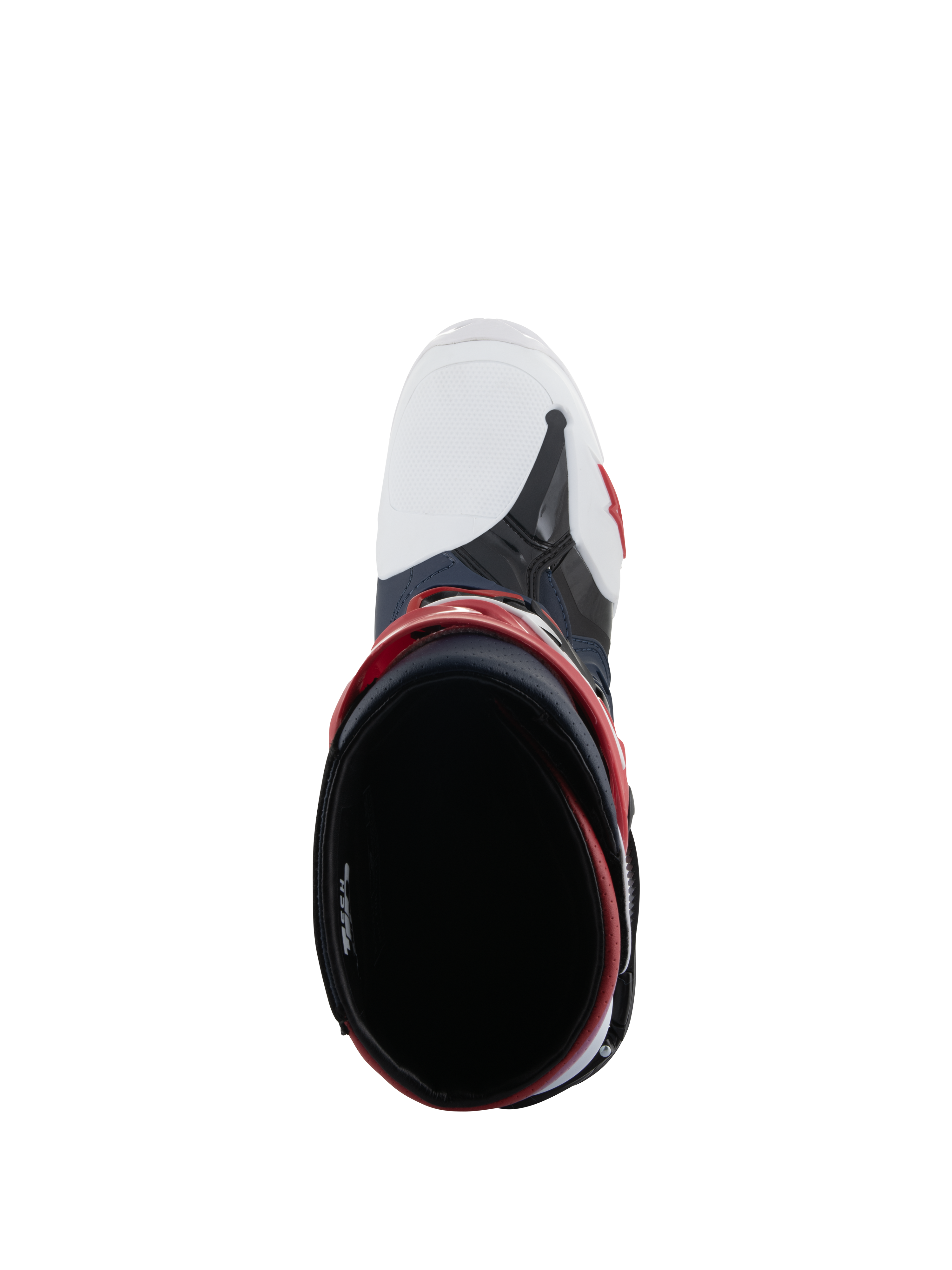 Alpinestars Tech 10 Supervented Boots, top-down view looking into the boot opening, Night Navy White Rainbow, featuring a white ventilated toe box and red accents, high-performance motocross footwear designed for maximum airflow.