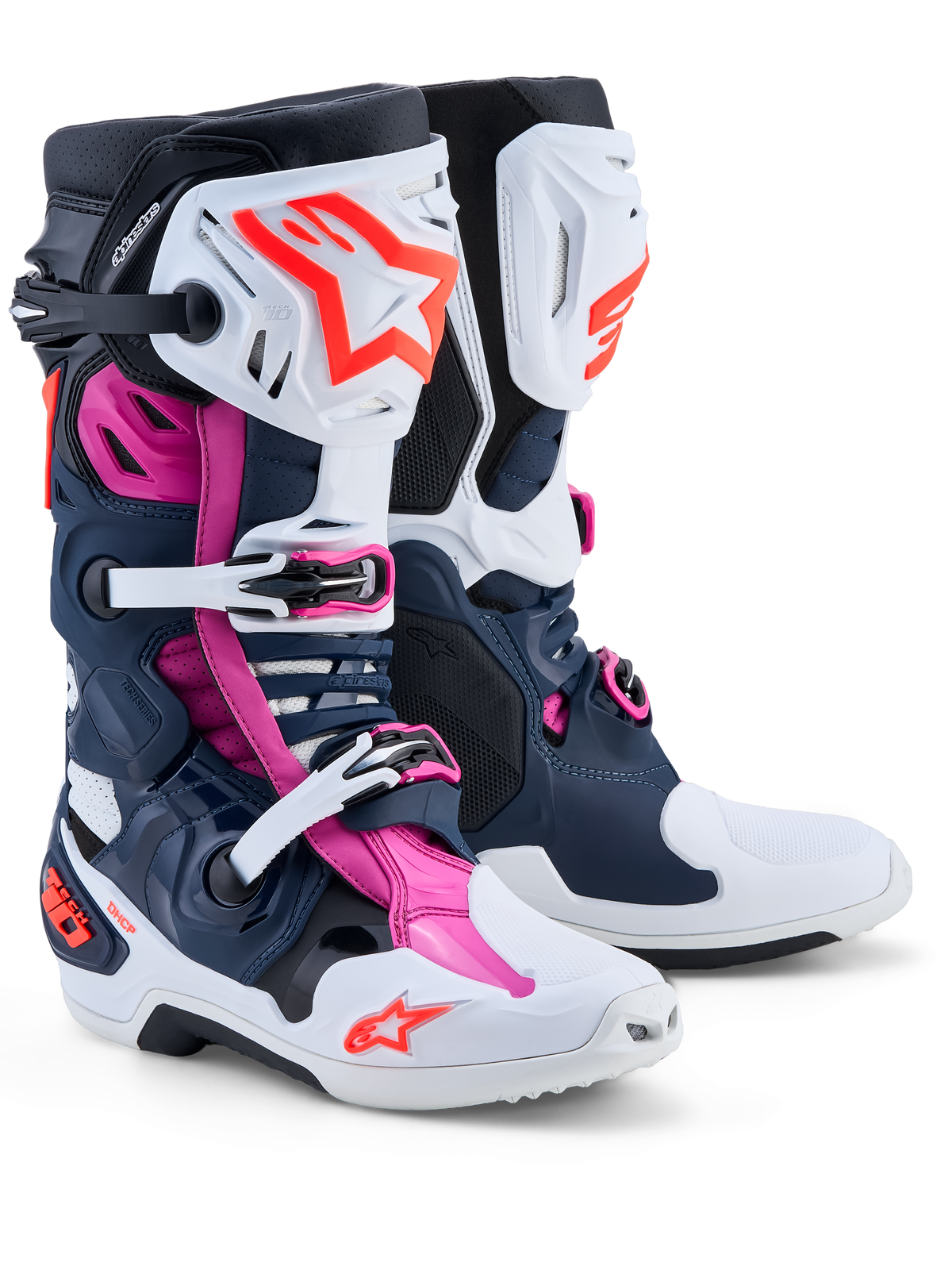 Alpinestars Tech-10 Supervented herre-motocrossstøvler, mørkeblå, hvid og fuchsia pink med ventilerede TPU-skaller.