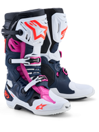 Alpinestars Tech-10 Supervented herre-motocrossstøvler, mørkeblå, hvid og fuchsia pink med ventilerede TPU-skaller.