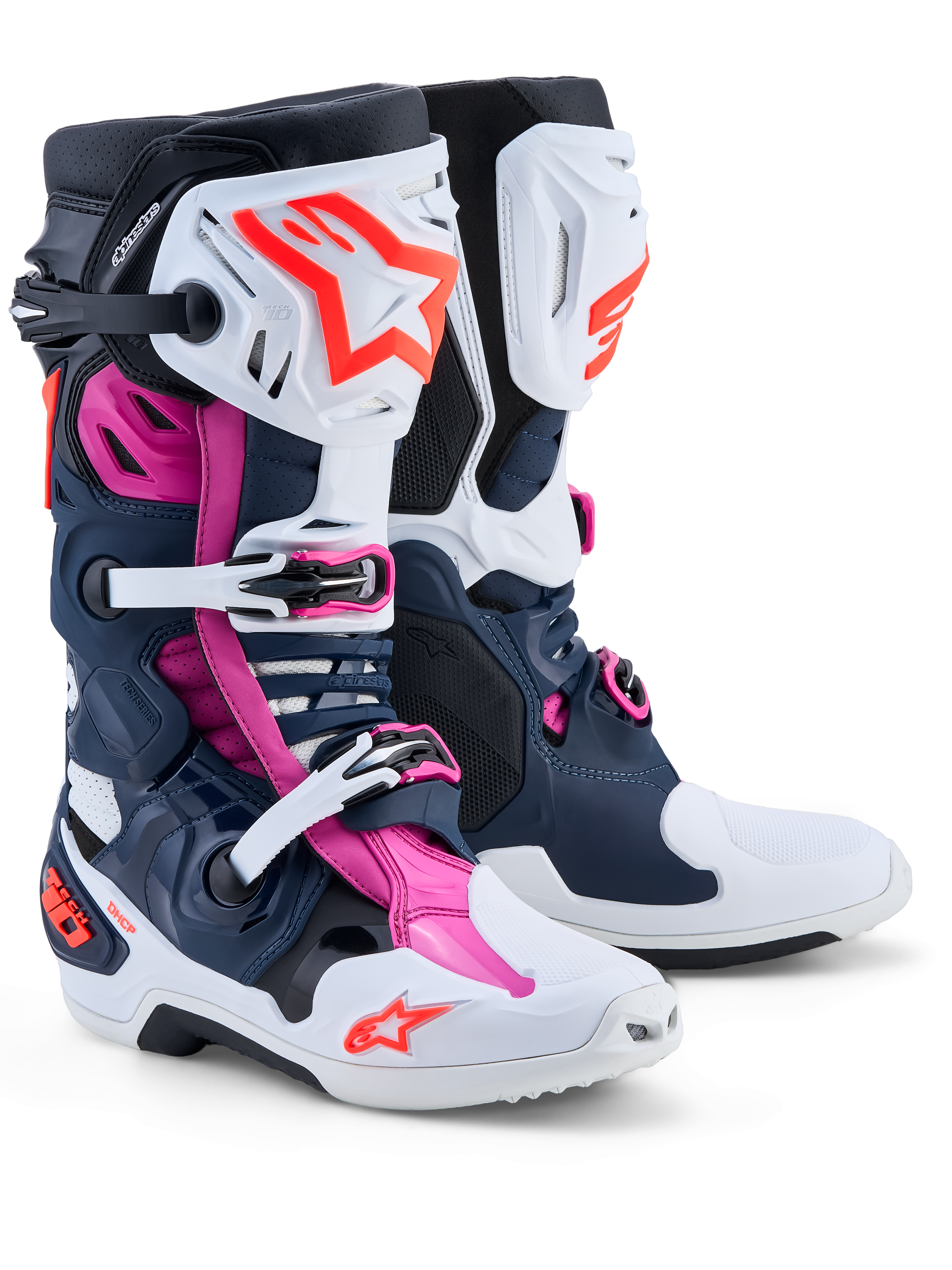 Alpinestars Tech-10 Supervented herre-motocrossstøvler, mørkeblå, hvid og fuchsia pink med ventilerede TPU-skaller.
