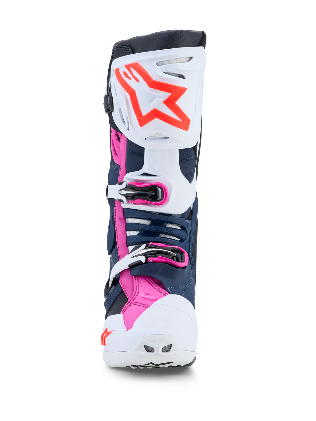 Alpinestars Tech-10 Supervented MX-støvler i hvid, mørkeblå og pink med ventilerede TPU-paneler til off-road racing.