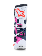 Alpinestars Tech-10 Supervented MX-støvler i hvid, mørkeblå og pink med ventilerede TPU-paneler til off-road racing.