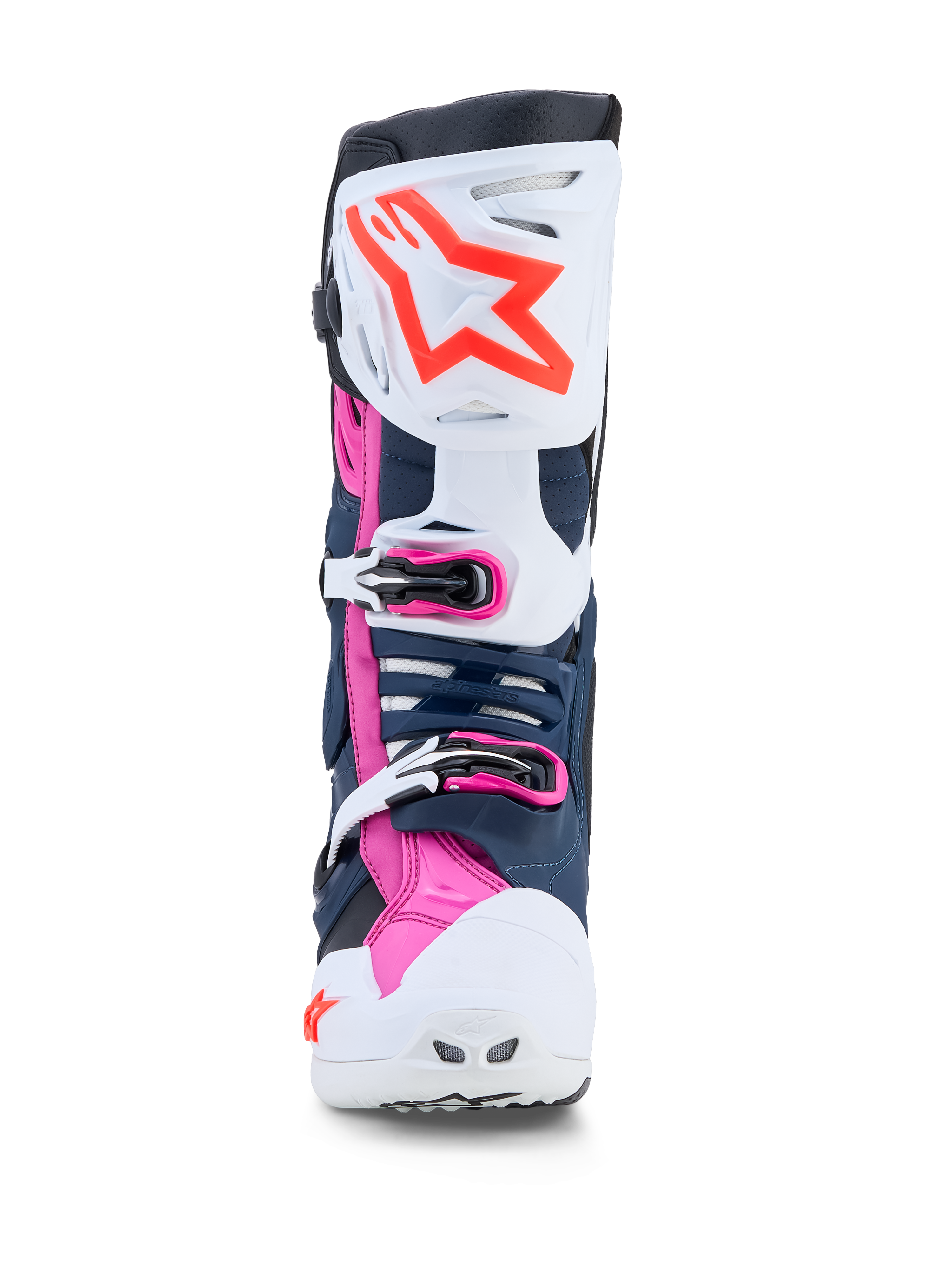 Alpinestars Tech-10 Supervented MX-støvler i hvid, mørkeblå og pink med ventilerede TPU-paneler til off-road racing.