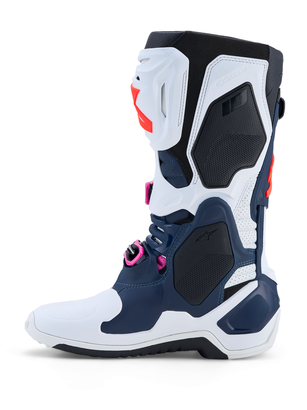 Alpinestars Tech-10 Supervented støvler, mørkeblå og hvid motocrossstøvler med fuchsia detaljer og ventileret TPU-skal.