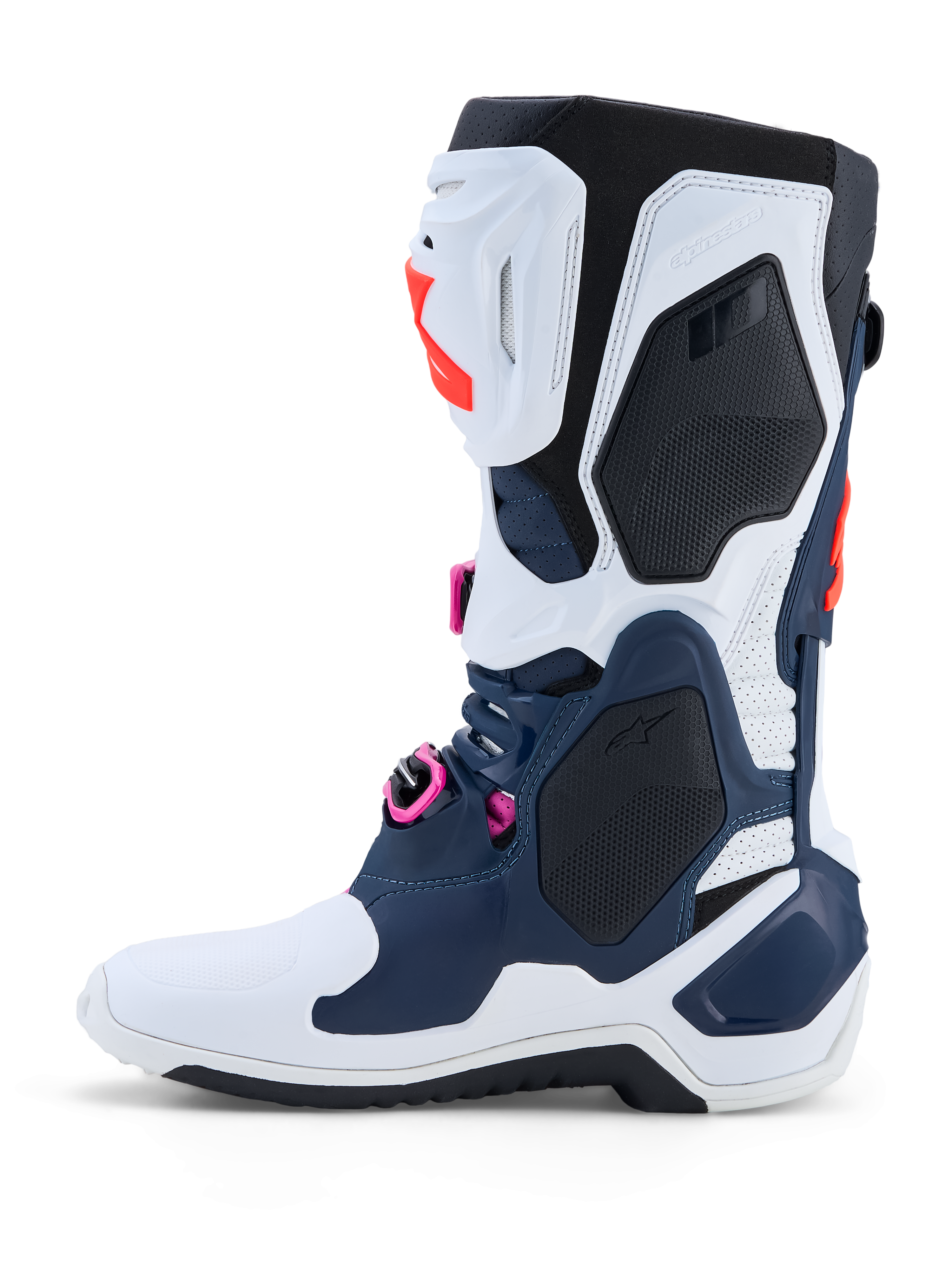 Alpinestars Tech-10 Supervented støvler, mørkeblå og hvid motocrossstøvler med fuchsia detaljer og ventileret TPU-skal.