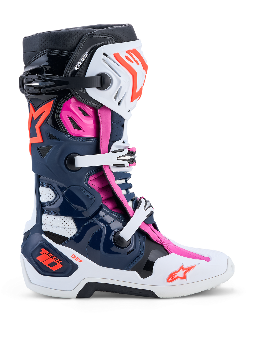 Alpinestars Tech-10 Supervented støvler, mørkeblå, hvid og fuchsia motocrossstøvler med avanceret ventilation