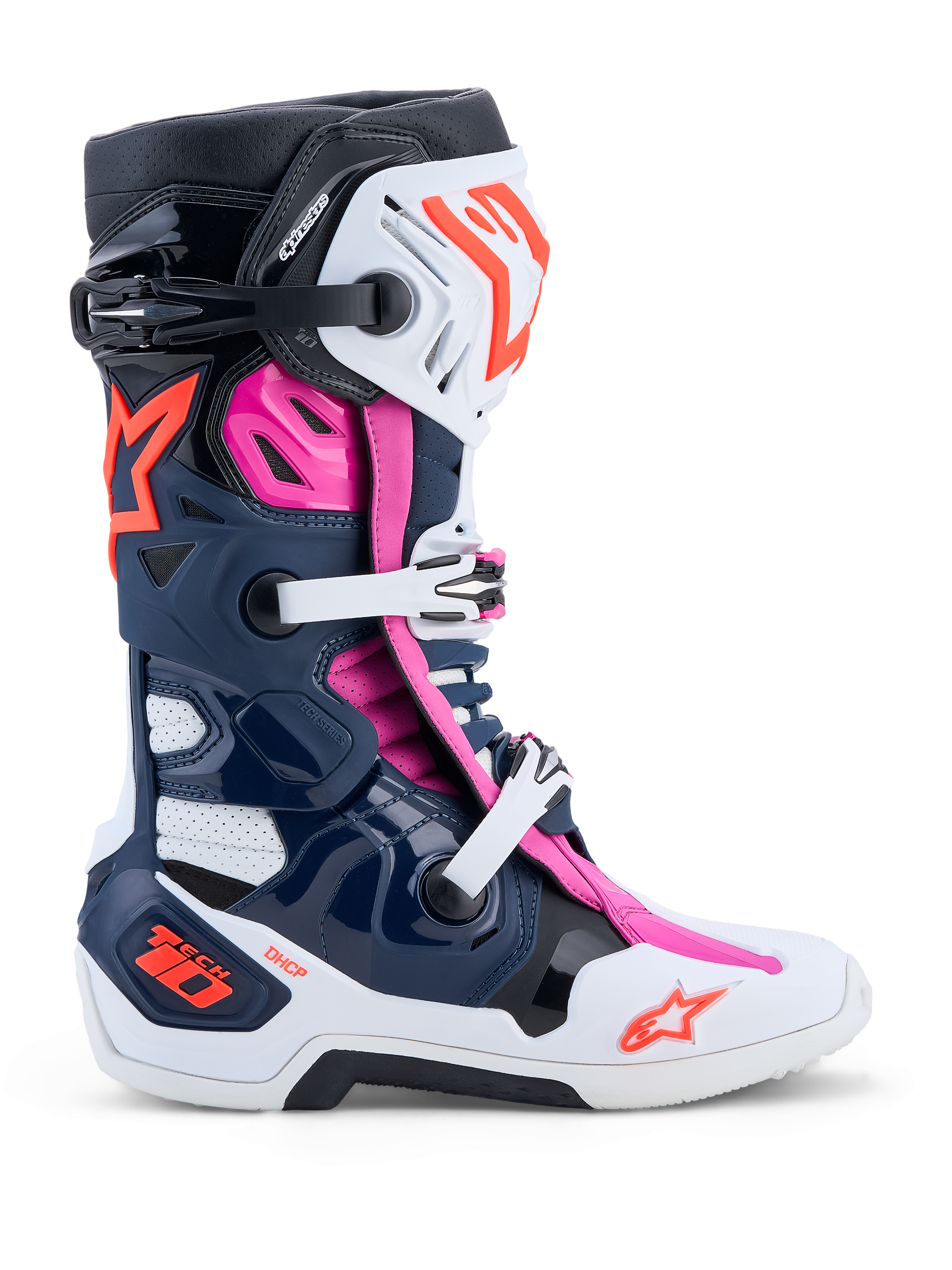 Alpinestars Tech-10 Supervented støvler, mørkeblå, hvid og fuchsia motocrossstøvler med avanceret ventilation