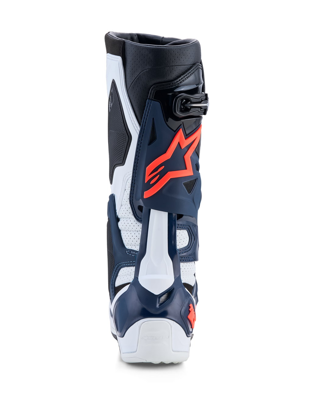 Alpinestars Tech-10 Supervented støvler, motocross racingstøvler, mørkeblå og hvid med fuchsia, perforeret TPU-konstruktion.