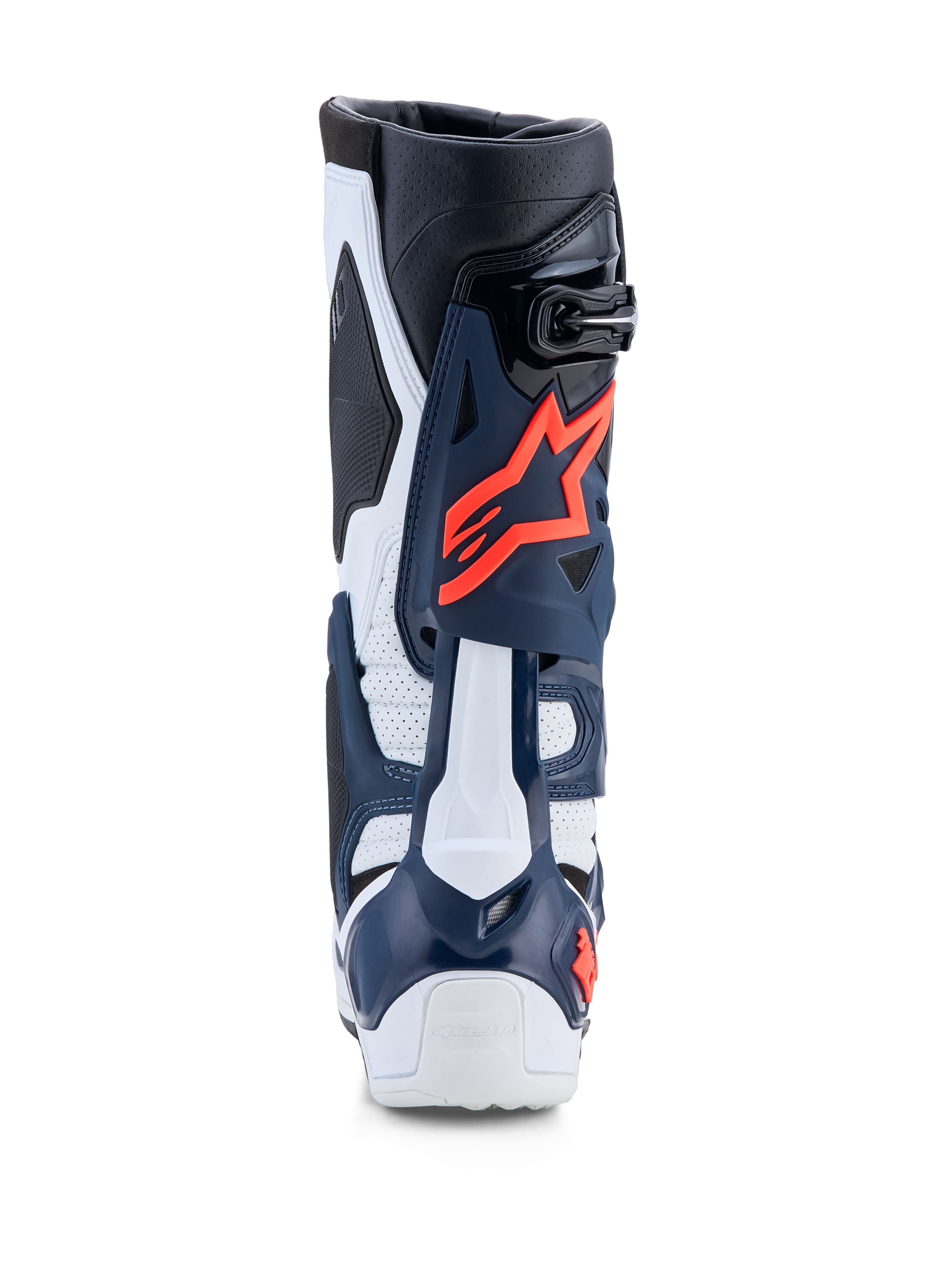 Alpinestars Tech-10 Supervented støvler, motocross racingstøvler, mørkeblå og hvid med fuchsia, perforeret TPU-konstruktion.