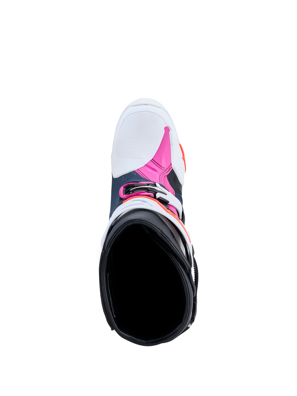 Alpinestars Tech-10 Supervented motocrossstøvler i mørkeblå, hvid og fuchsia, set ovenfra af det indvendige for, teknisk udstyr til off-road og terrænkørsel