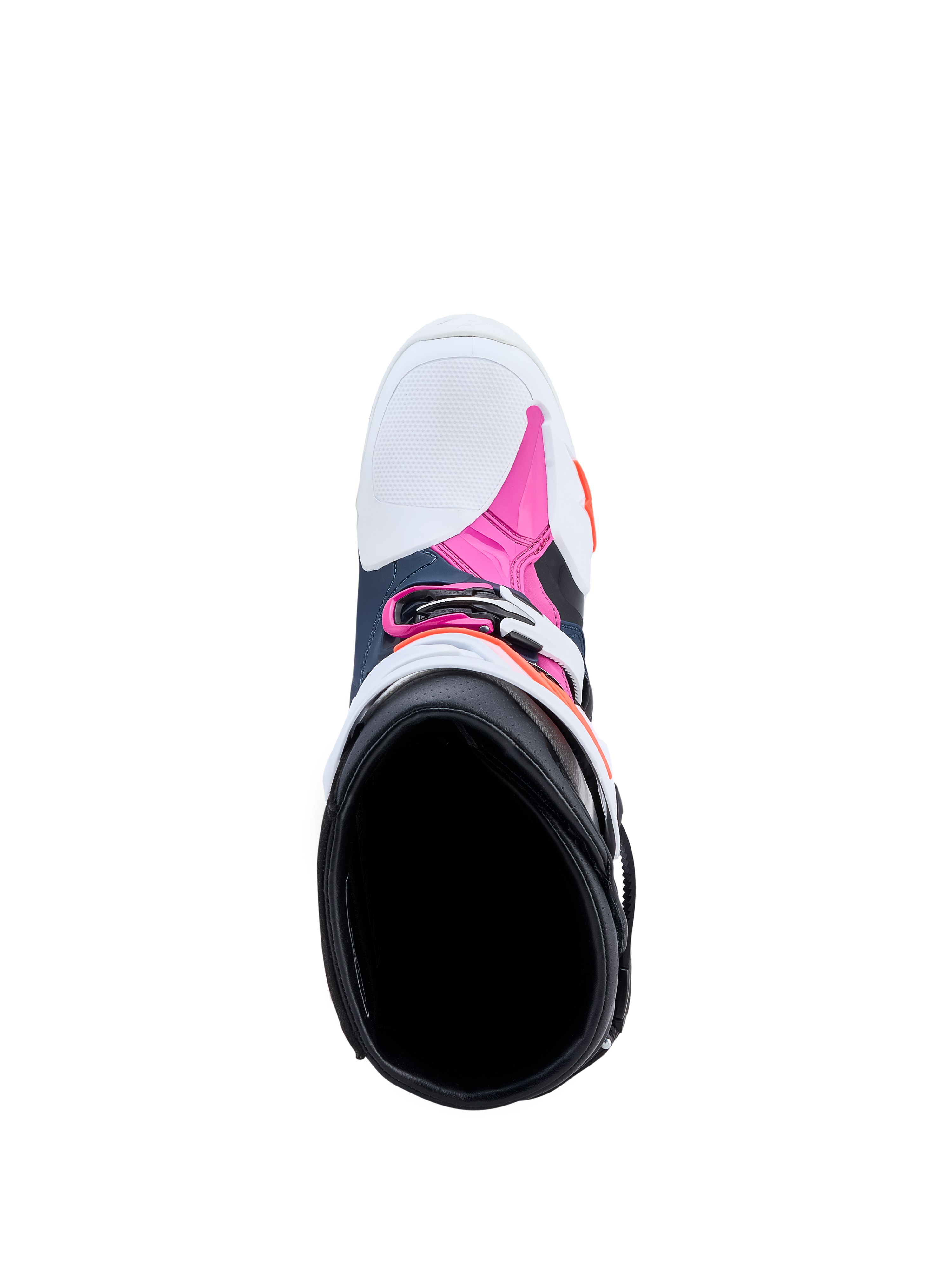 Alpinestars Tech-10 Supervented motocrossstøvler i mørkeblå, hvid og fuchsia, set ovenfra af det indvendige for, teknisk udstyr til off-road og terrænkørsel