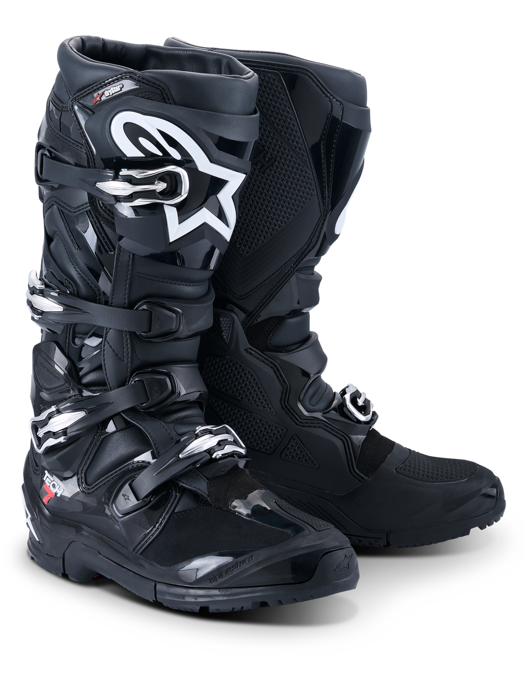 Alpinestars 2026 Tech 7 Enduro Drystar® støvler, professionelle motocross- og endurostøvler, sort, med et lukkesystem med fire spænder, hvidt Astar-logo på skinnebenet, robuste TPU-beskyttelsespaneler og en specialiseret sål til terrængreb.