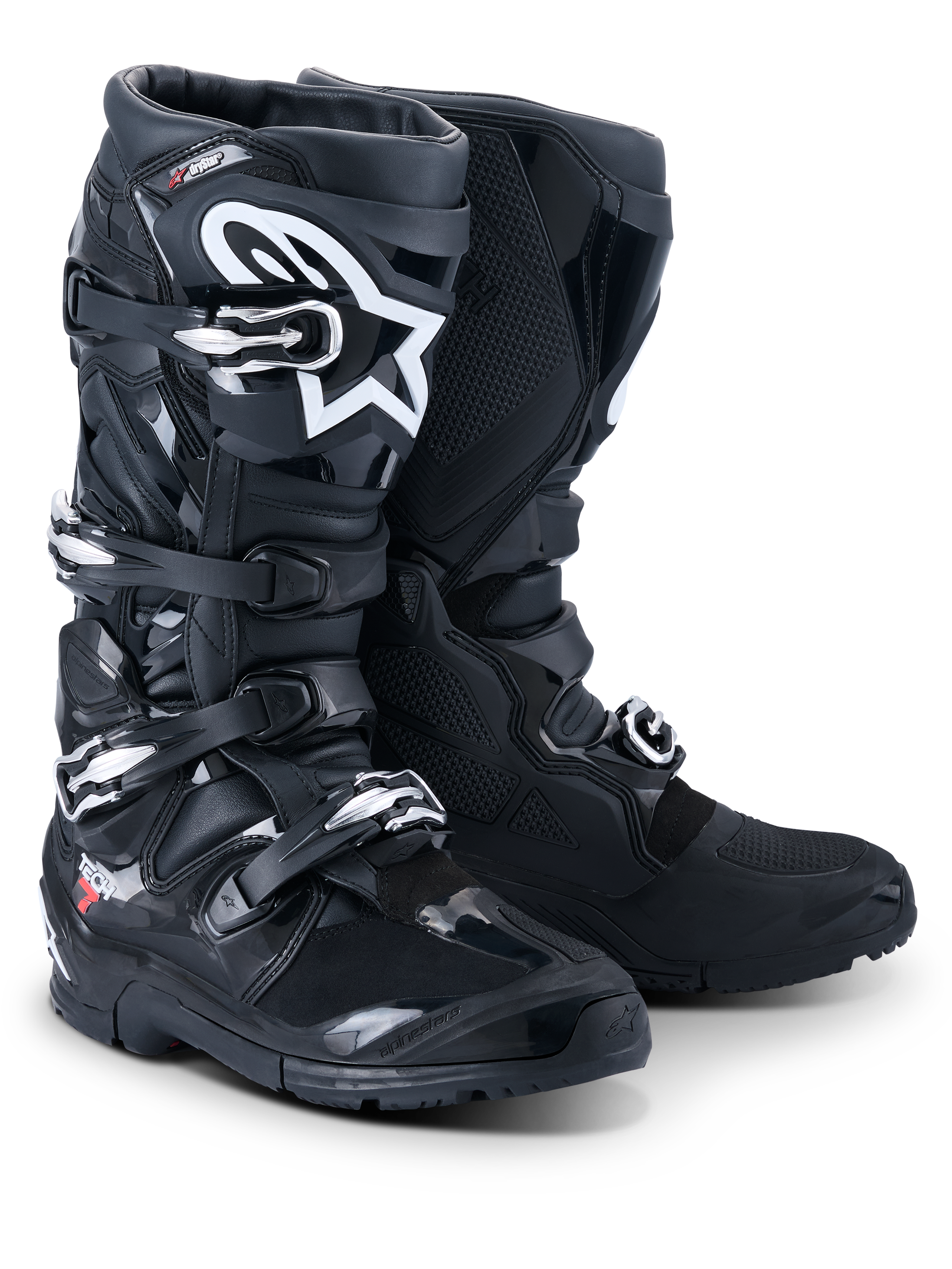 Alpinestars 2026 Tech 7 Enduro Drystar® støvler, professionelle motocross- og endurostøvler, sort, med et lukkesystem med fire spænder, hvidt Astar-logo på skinnebenet, robuste TPU-beskyttelsespaneler og en specialiseret sål til terrængreb.