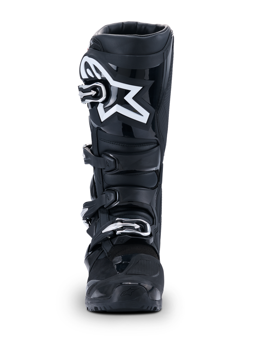 Alpinestars 2026 Tech 7 Enduro Drystar®-støvler, sorte motocross-støvler, set forfra, med et holdbart lukkesystem med fire spænder og et fremtrædende hvidt stjernelogo på skinnebensområdet, designet til off-road og enduro-performance