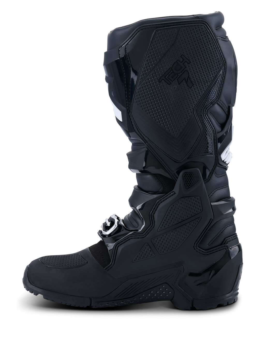 Alpinestars 2026 Tech 7 Enduro Drystar® støvler, sort, indvendig profilvisning med omfattende TPU-beskyttelse, dobbelt drejesystem og specialiserede teksturerede grebspaneler for optimal kontrol, vandtæt konstruktion til off-road og enduro-racing