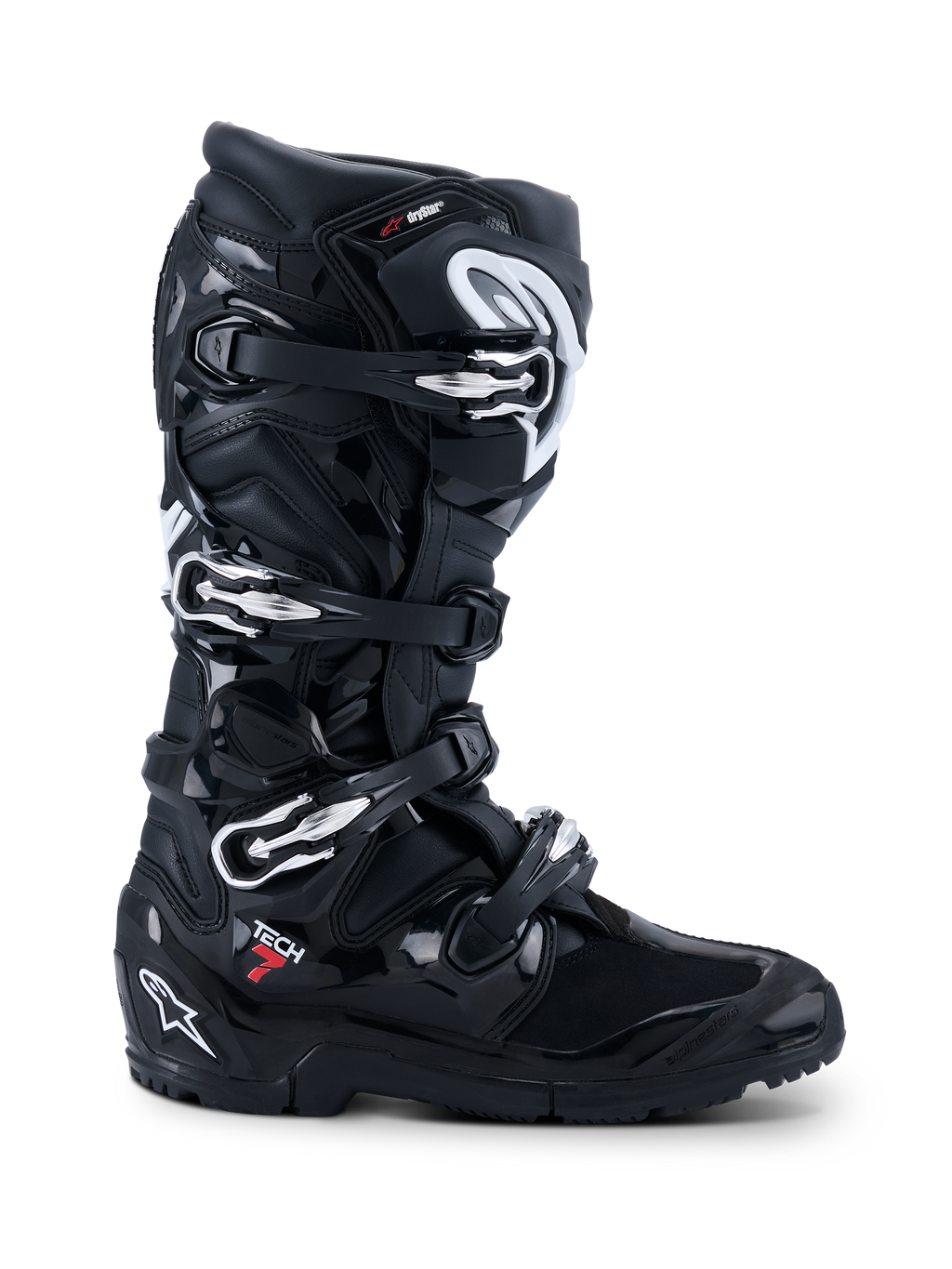 Alpinestars 2026 Tech 7 Enduro Drystar® støvler, sorte off-road motorcykelstøvler, profilvisning med fire sølvspænder, robust dual-compound enduro-sål og omfattende TPU-beskyttelse med mat og skinnende sort finish.