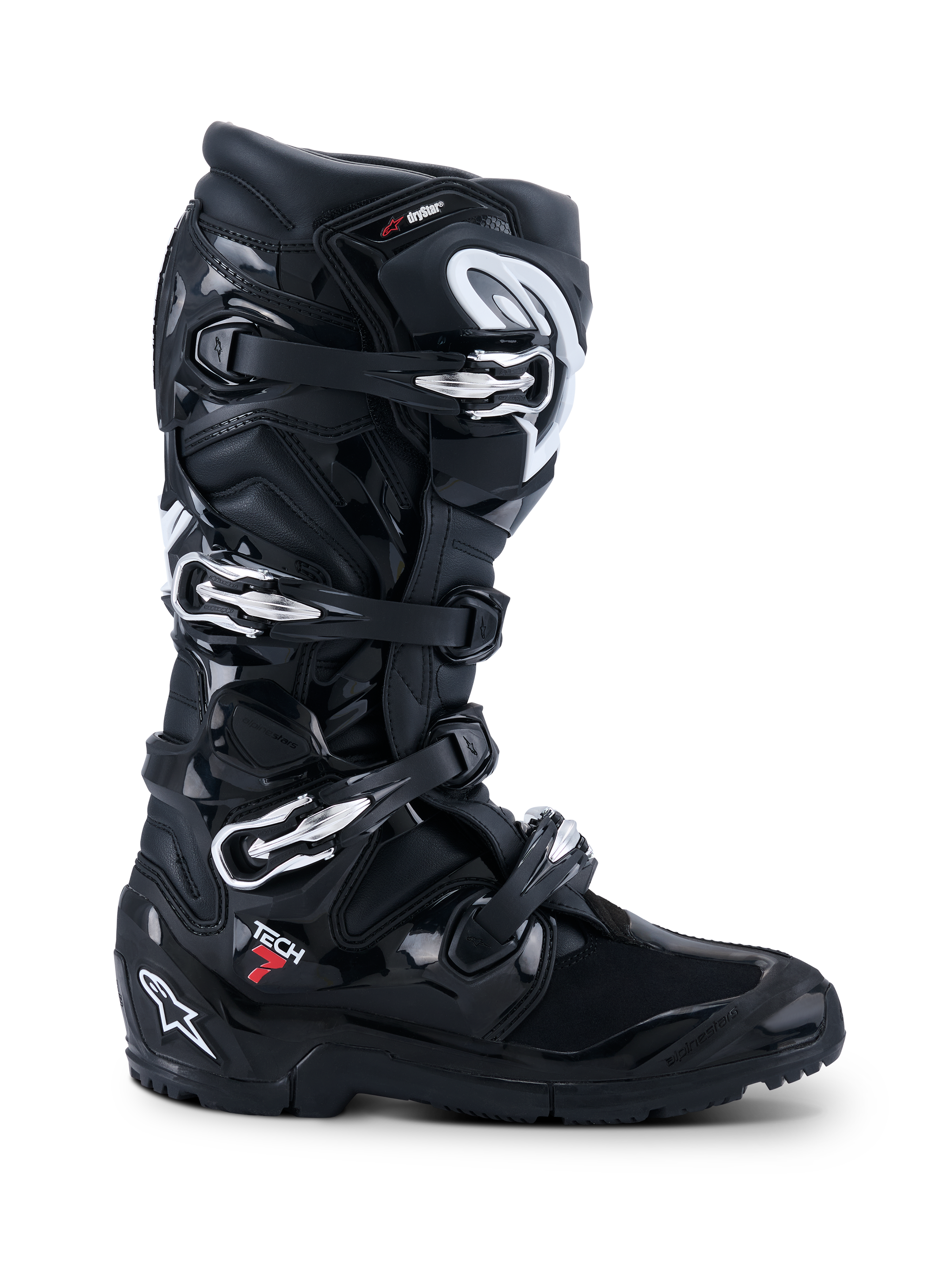 Alpinestars 2026 Tech 7 Enduro Drystar® støvler, sorte off-road motorcykelstøvler, profilvisning med fire sølvspænder, robust dual-compound enduro-sål og omfattende TPU-beskyttelse med mat og skinnende sort finish.